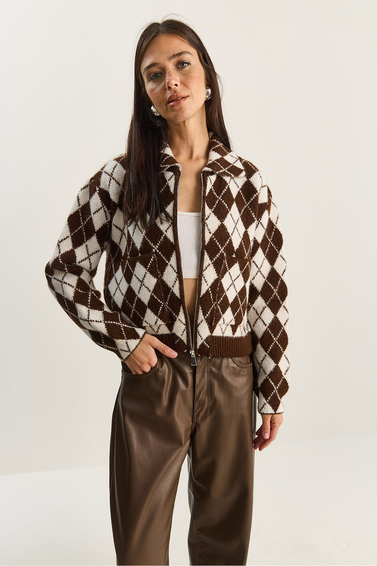 Bianco Lucci  Kadın Baklava Desenli Yakalı Fermuarlı Triko Hırka 20251099 - Görsel 4