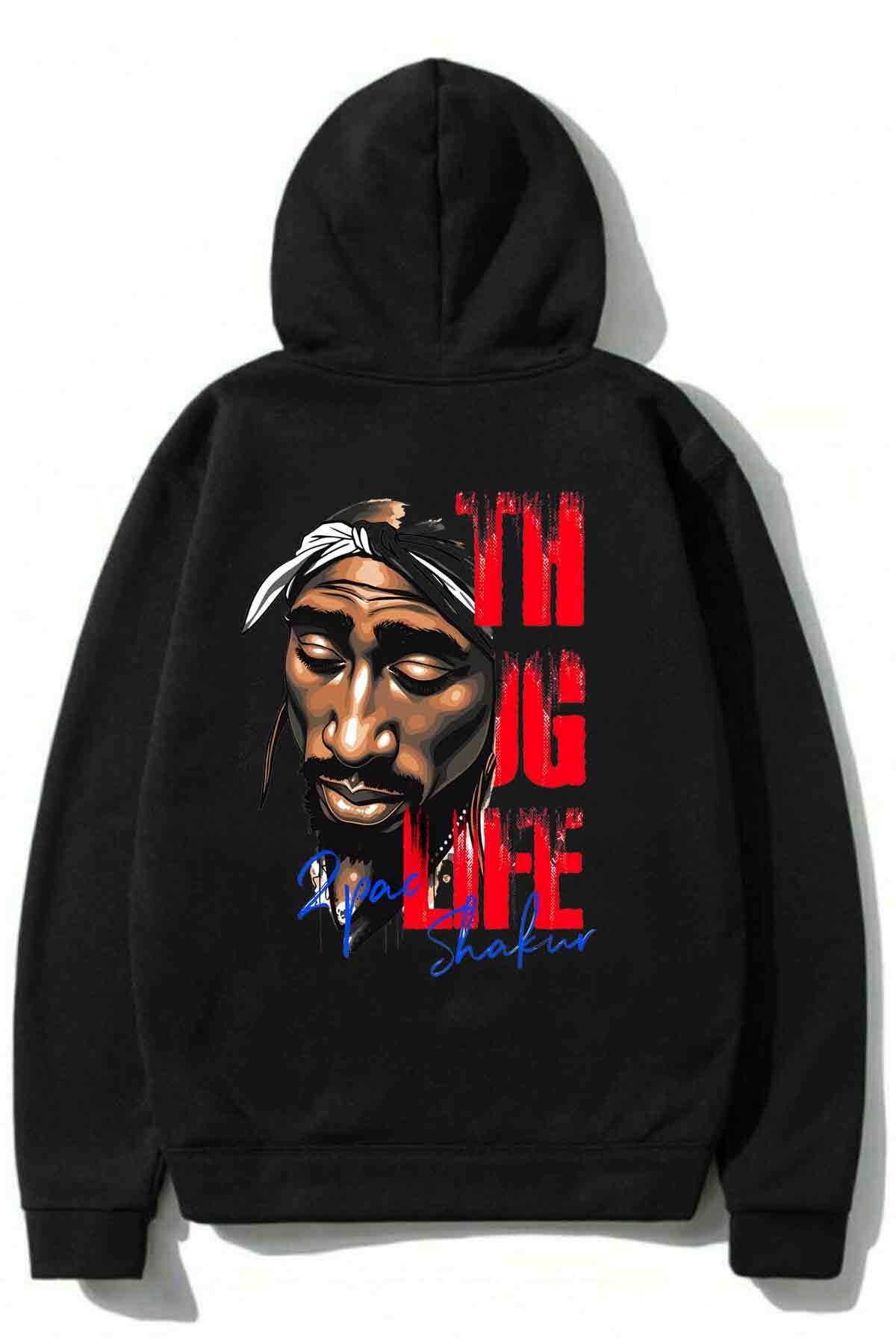 Cool mans Oversize 3 İplik Şardonlu Kapüşonlu 2pac Tupac Baskılı Battal Büyük Beden Sweatshirt