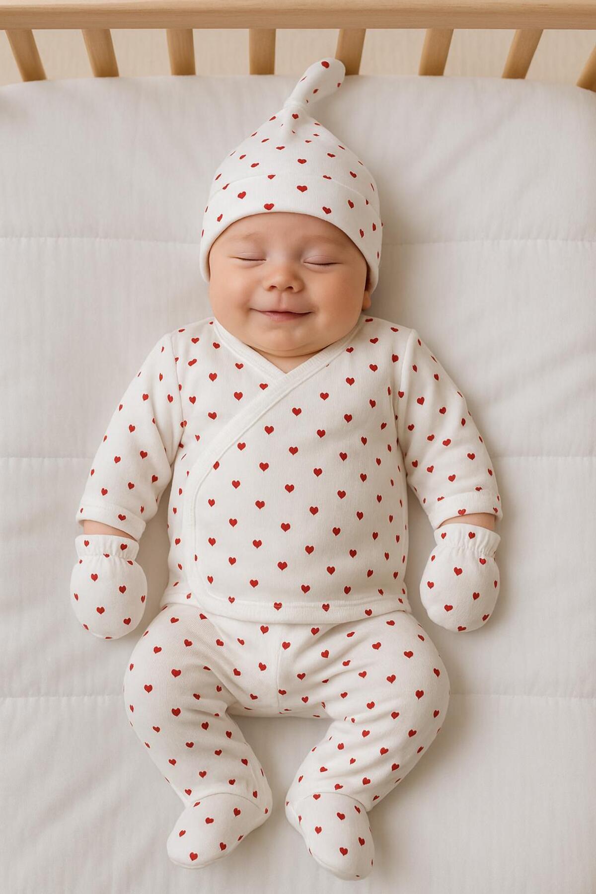 BYS BABY FASHION Organik Pamuklu Kalp Desenli Desenli 7'li Yenidoğan Kız- Erkek Bebek Hastane Çıkış Seti fotoğrafı 5 (önizleme)