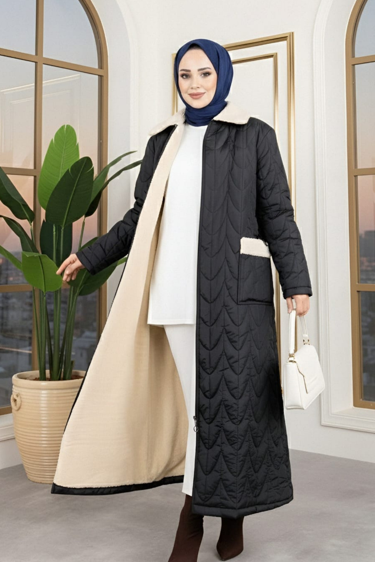 Hb Harma Time Butik  Kadın İçi Tam Kürklü Cepli Siyah Kapitone Mont