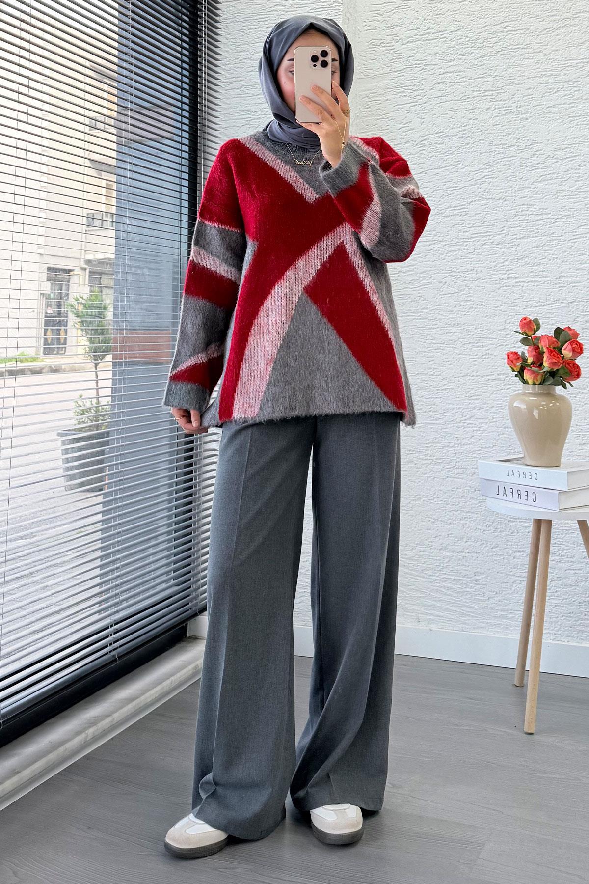 MELEK ARAZ Çizgi Desen Oversize Triko Kazak, Kırmızı görsel 3