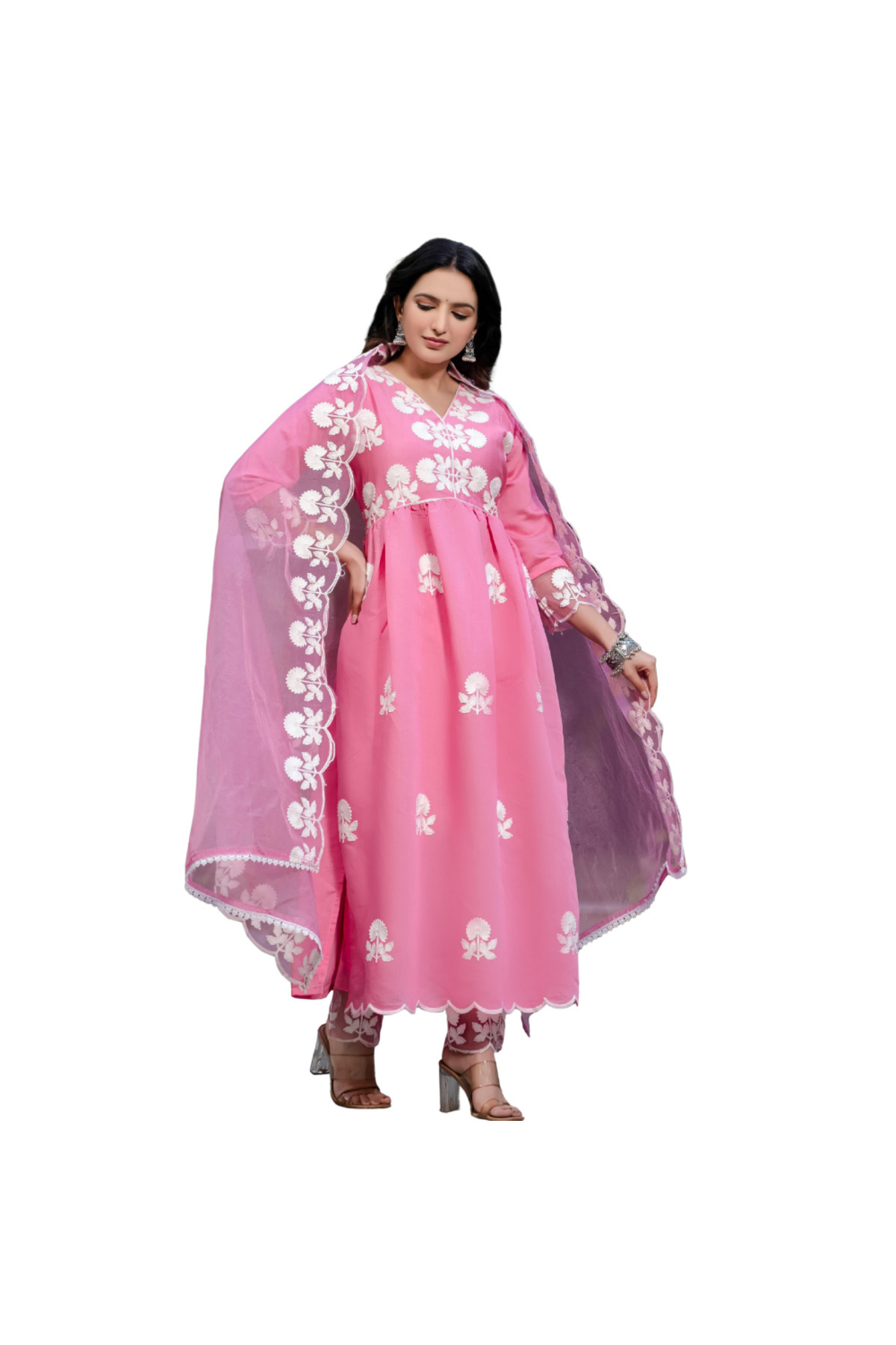 MYSMAR Pink Roman Silk Top Pant & Dupatta - HRT1918 | Pink