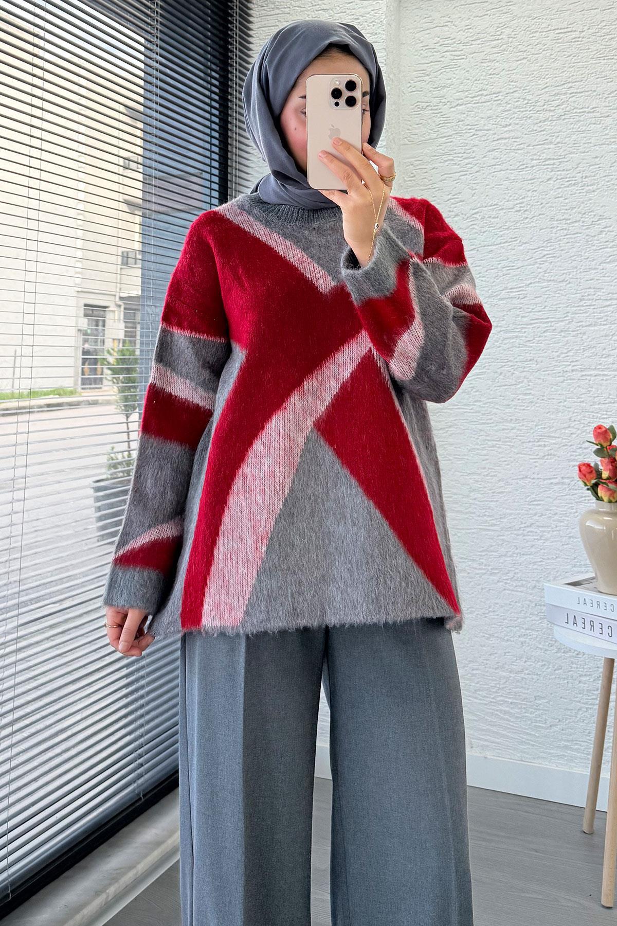 MELEK ARAZ Çizgi Desen Oversize Triko Kazak, Kırmızı