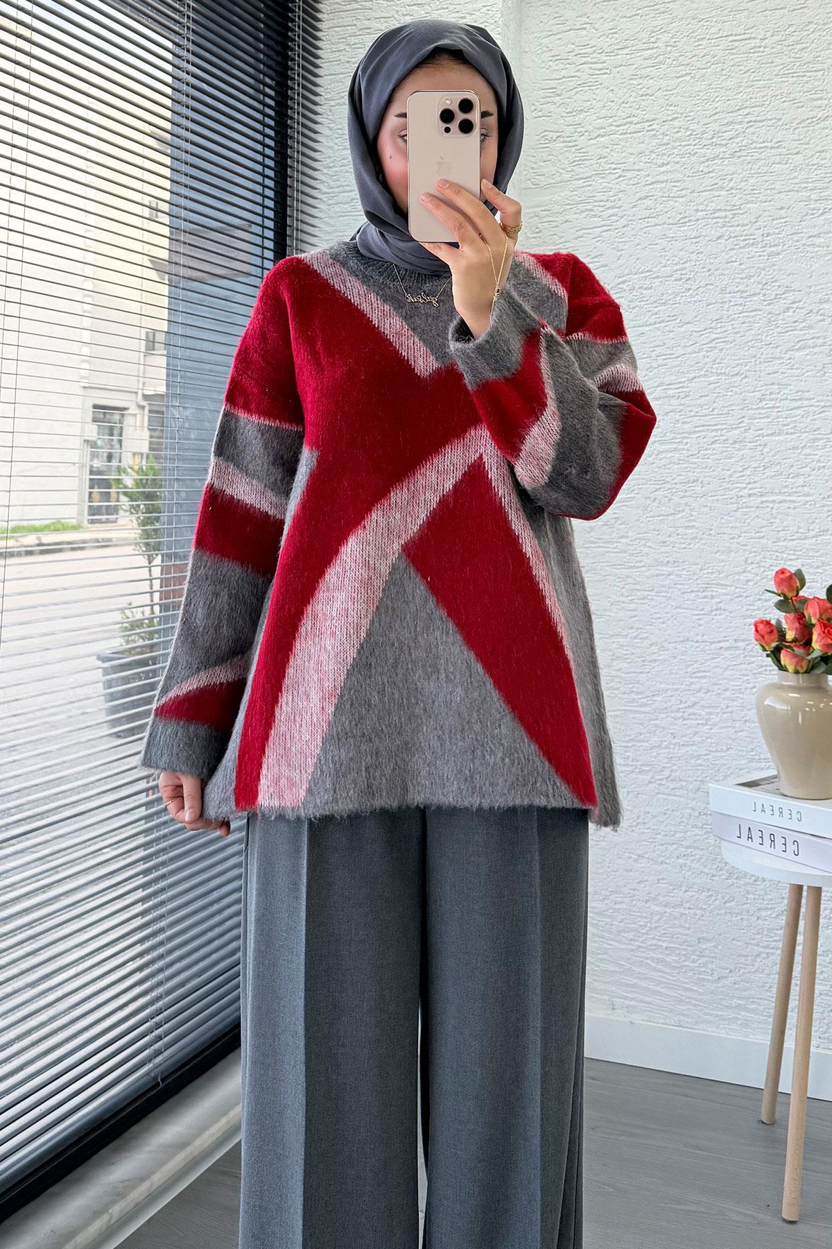 MELEK ARAZ Çizgi Desen Oversize Triko Kazak, Kırmızı görsel 4