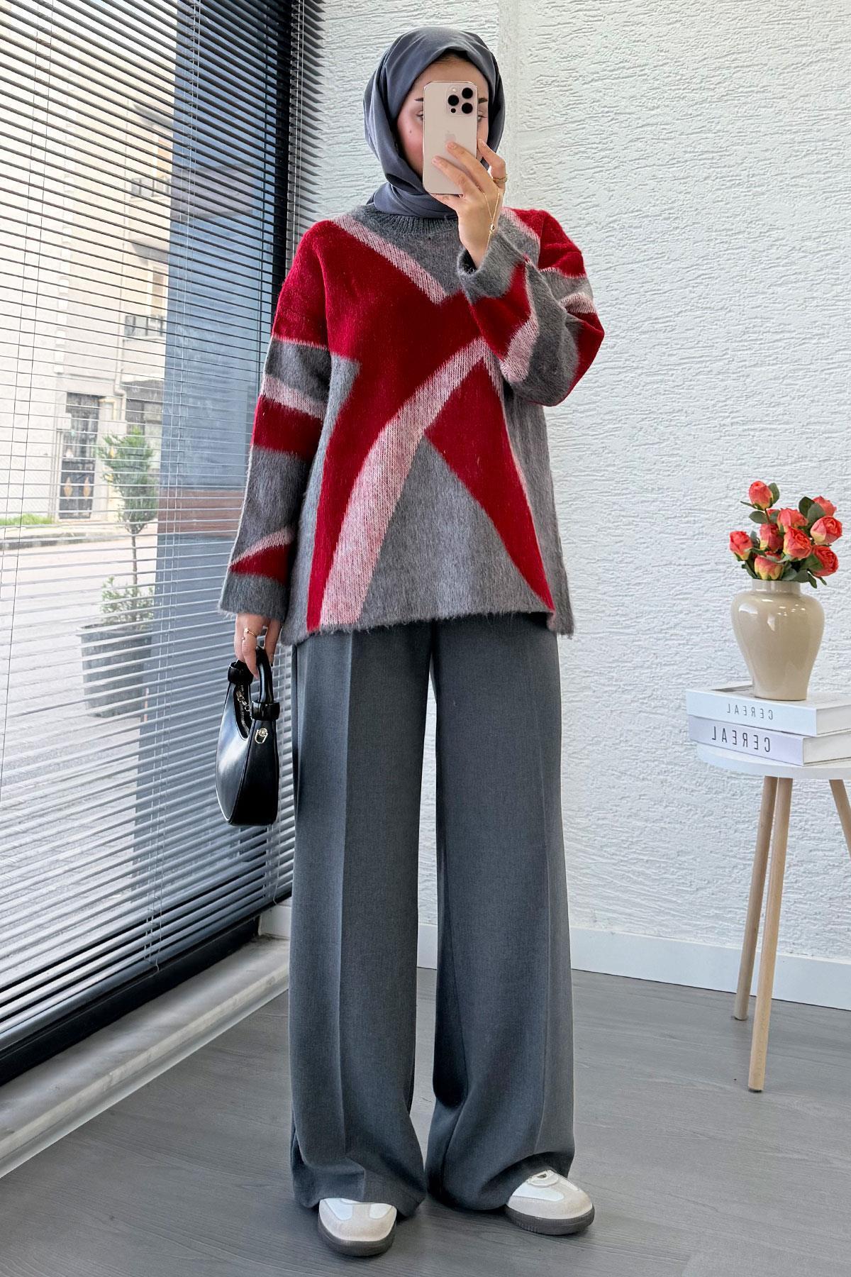 MELEK ARAZ Çizgi Desen Oversize Triko Kazak, Kırmızı görsel 5