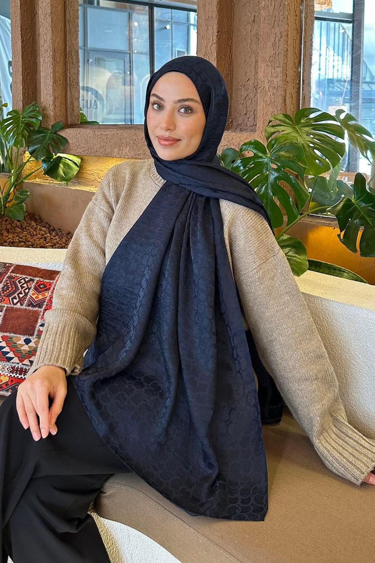lamelif Bloom Desen Ayrobin Floş Jakar Şal Lacivert görsel 2