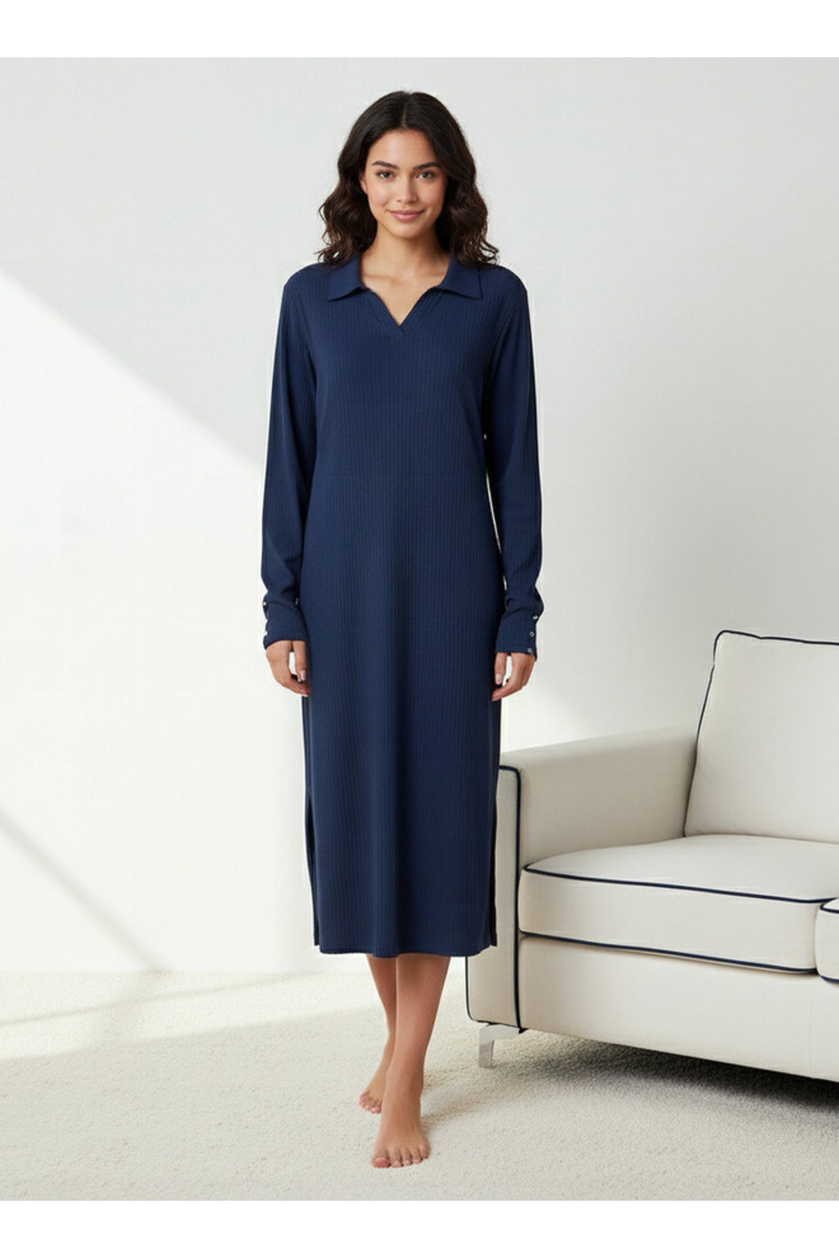 Splash FAV Night Dress with Long Sleeves and Collar