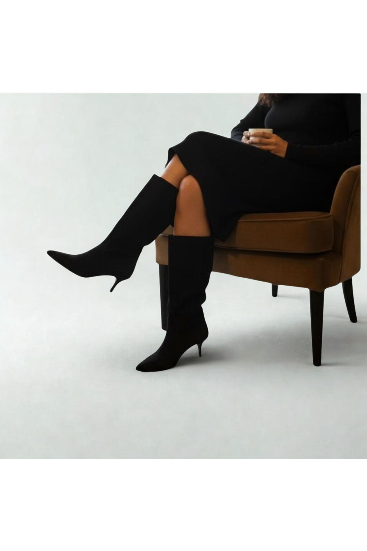 NE&VE SHOES  Siyah Süet Hakiki Deri Körüklü Kadın Sivri Burun Çizme