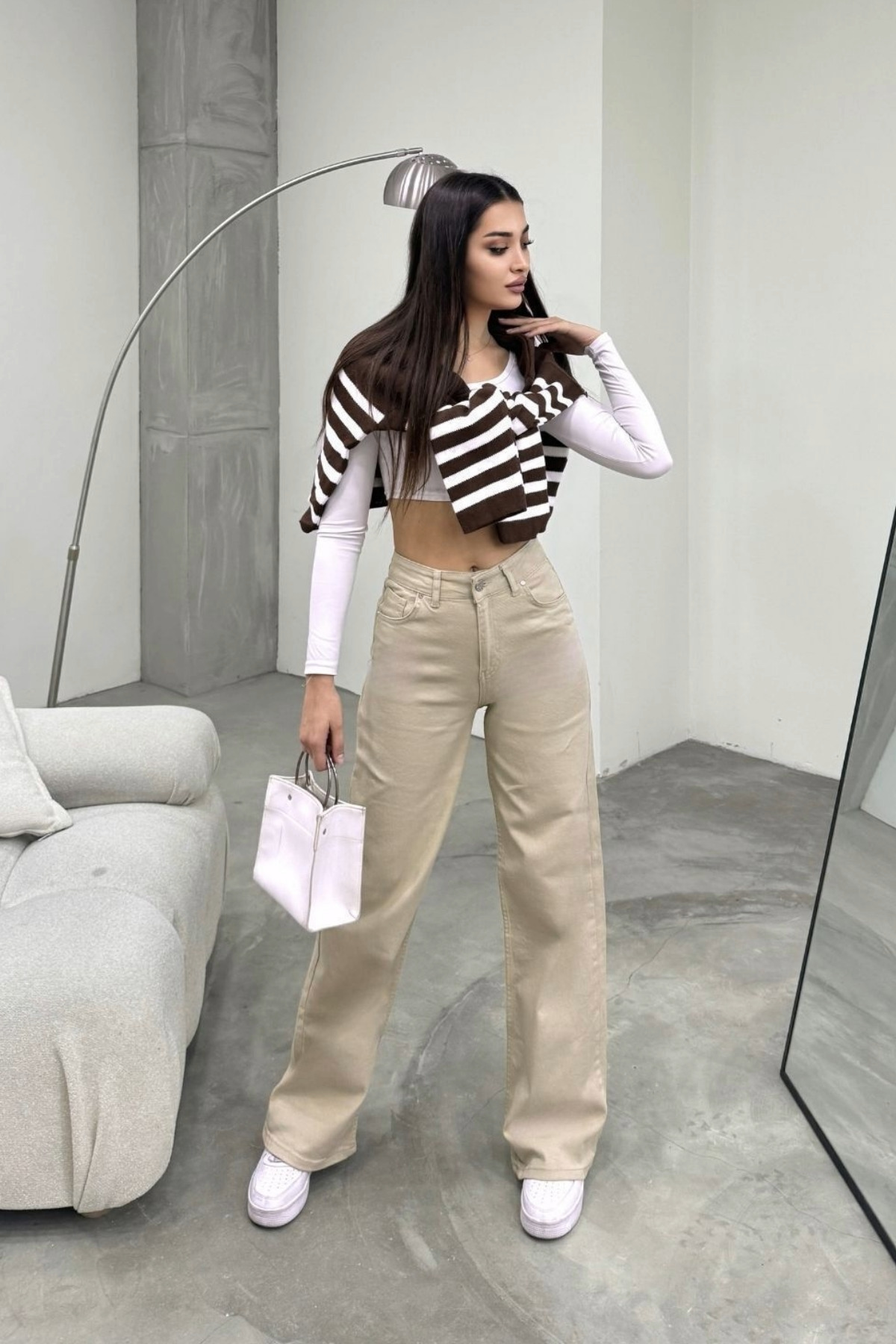 BİKELİFE  Kadın Bej Yüksek Bel Geniş Paça Bol,salaş Palazzo Jeans - Görsel 4