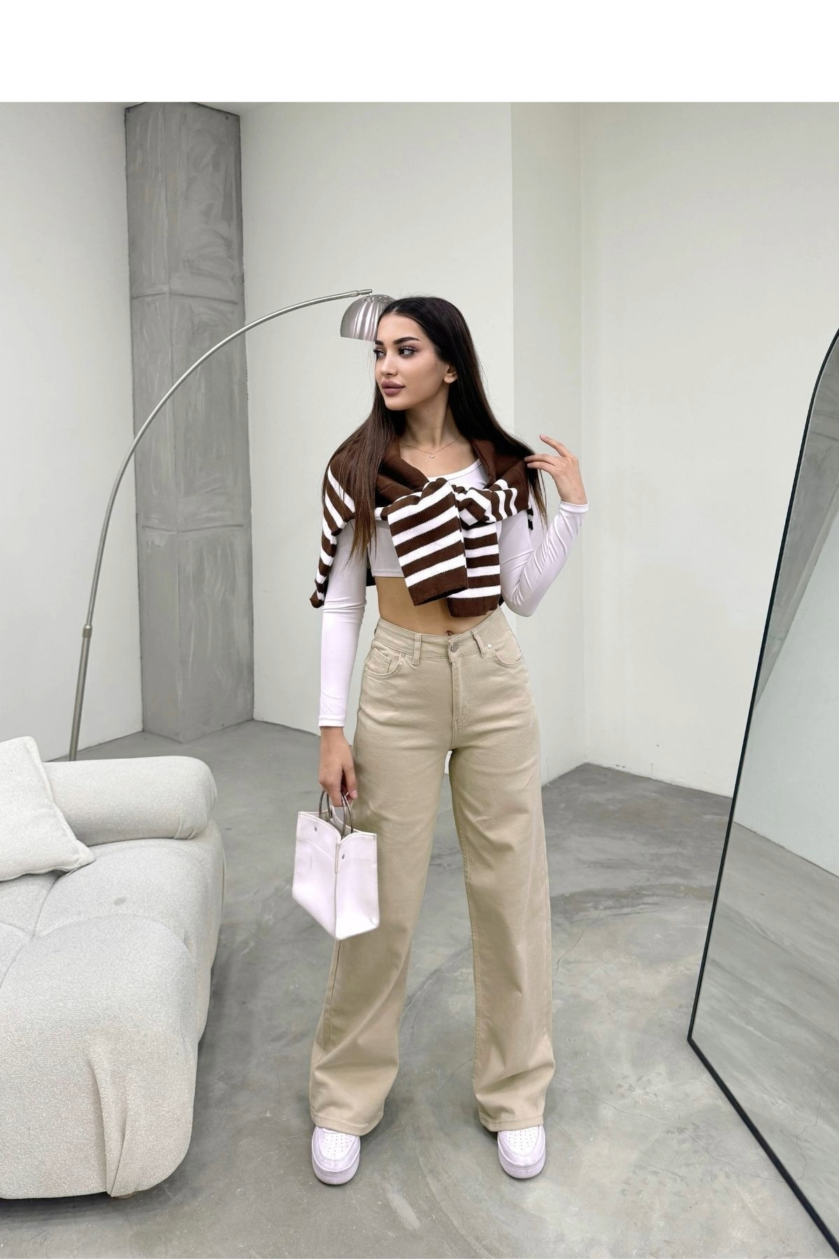 BİKELİFE  Kadın Bej Yüksek Bel Geniş Paça Bol,salaş Palazzo Jeans - Görsel 7