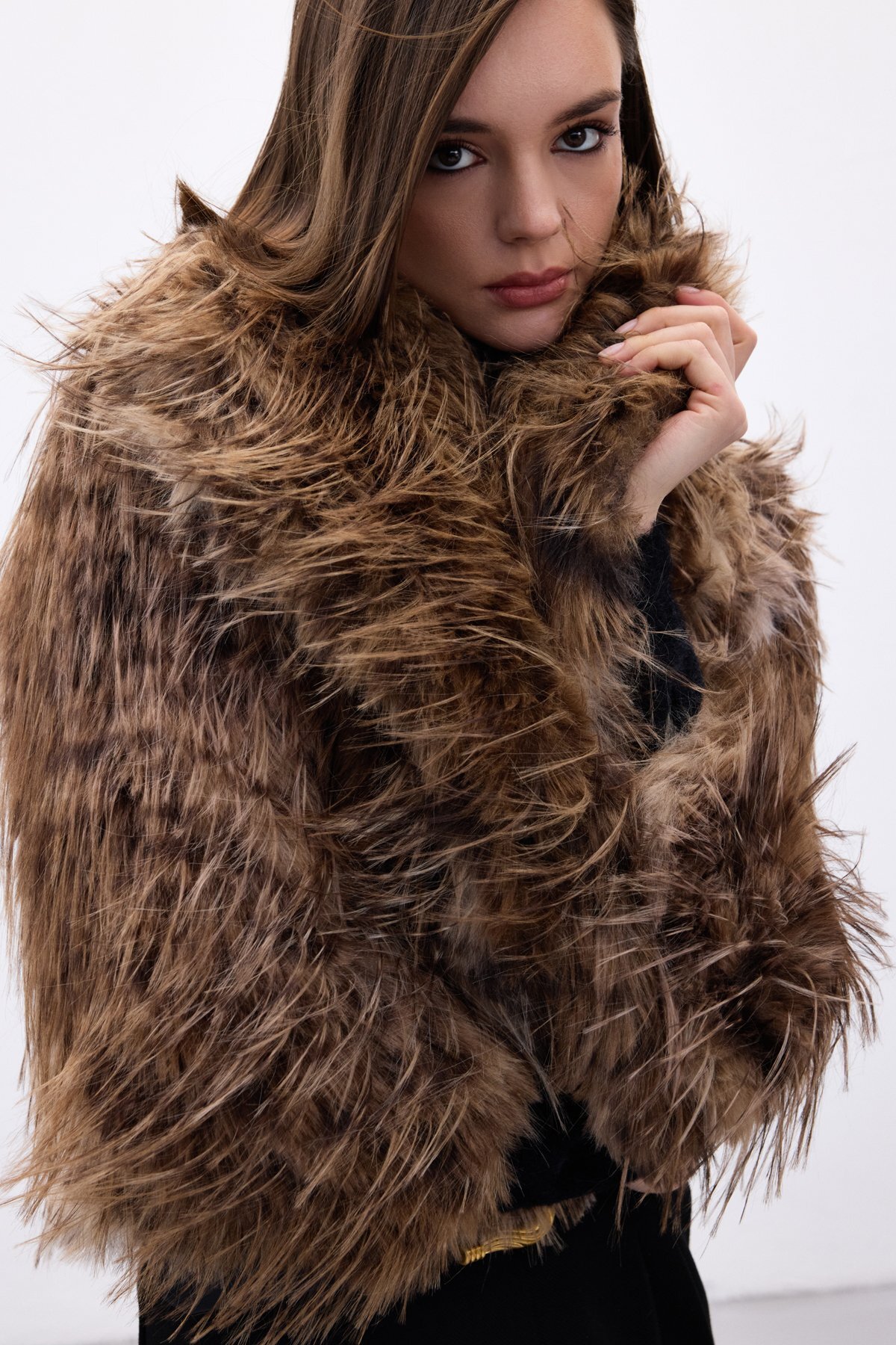 Sateen  Leopar Desenli Kürk - Kahve - Görsel 8