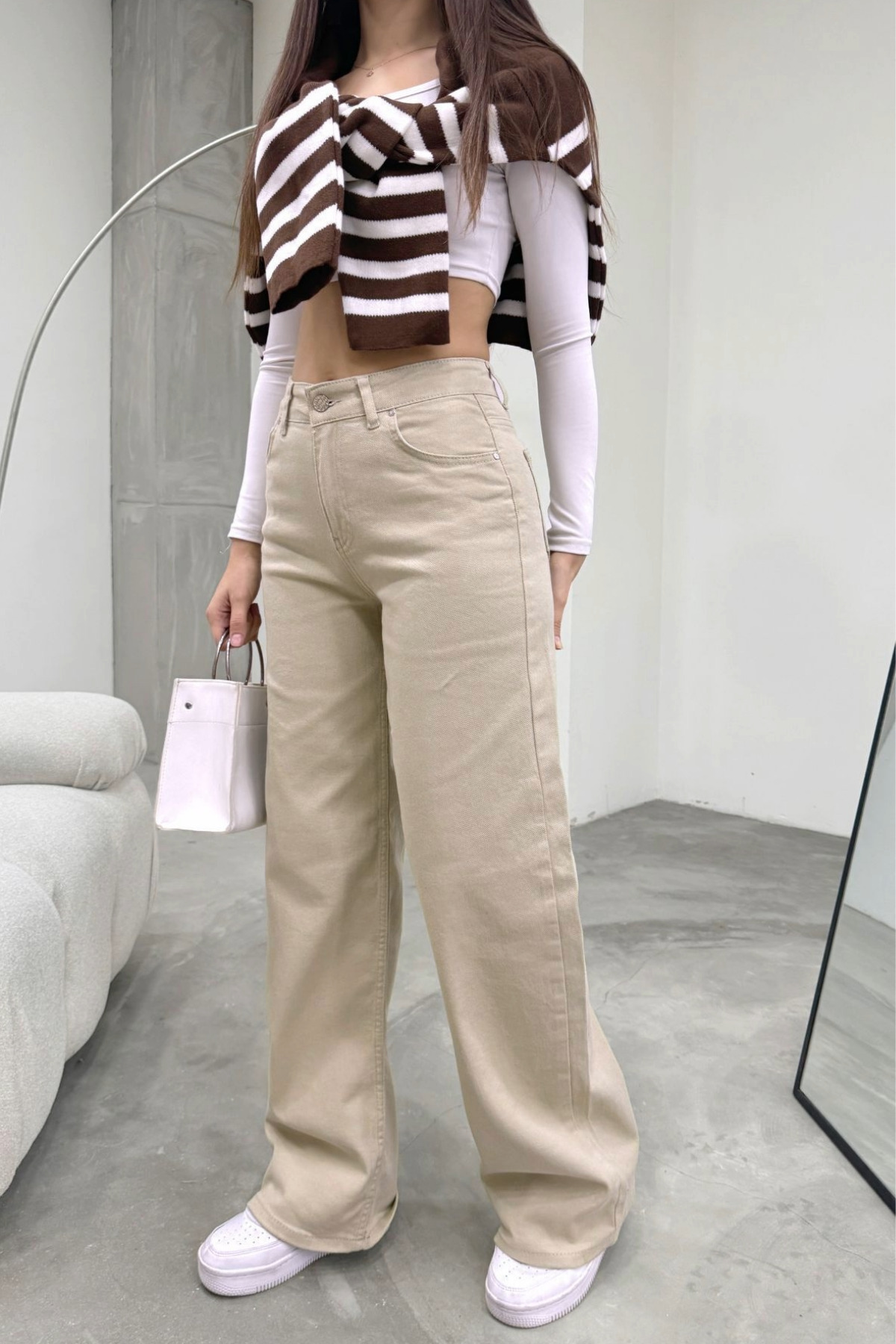 BİKELİFE  Kadın Bej Yüksek Bel Geniş Paça Bol,salaş Palazzo Jeans - Görsel 2