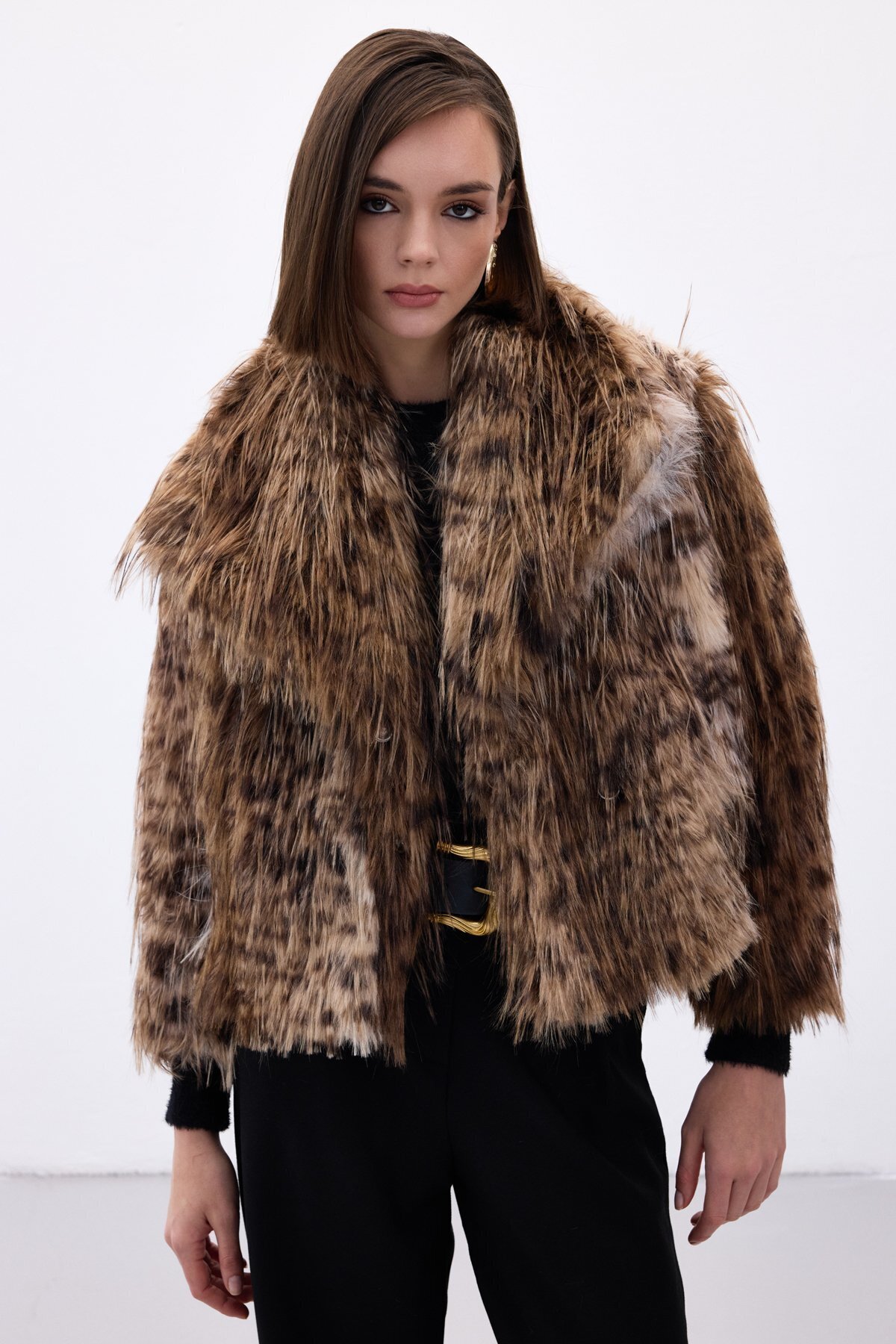 Sateen  Leopar Desenli Kürk - Kahve - Görsel 5