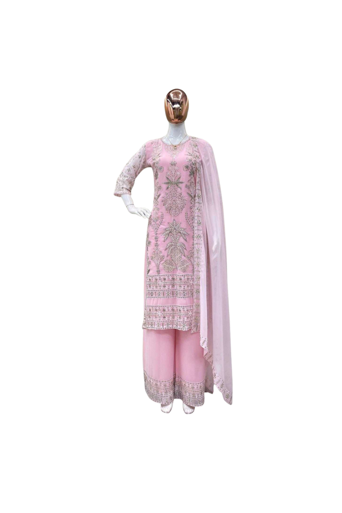MYSMAR Pink Faux Georgette Top Palazzo & Dupatta Set - RTC1018 | Pink-Size:XL-42-Inches
