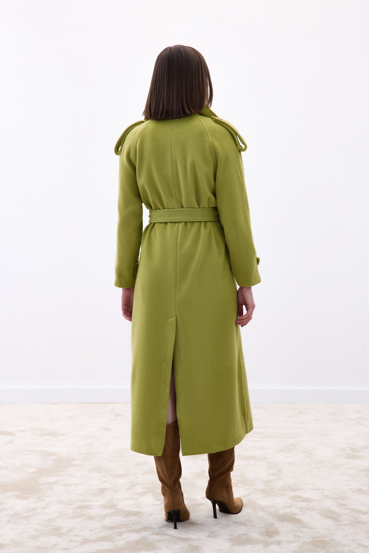 Sateen  Geniş Yaka Uzun Kaban - Yeşil - Görsel 8