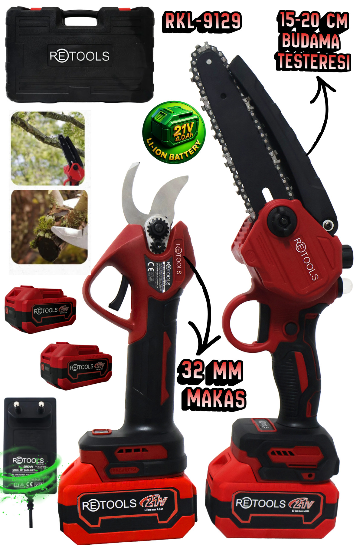 RETOOLS 2'Lİ SET BUDAMA MAKASI VE BUDAMA TESTERESİ 10 PİLLİ 21V