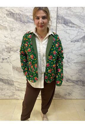 BE ATÖLYE BUTİK Kadın Çift Taraflı Cepli Ceket – Çiçekli Basma Desen & Düz Ye...