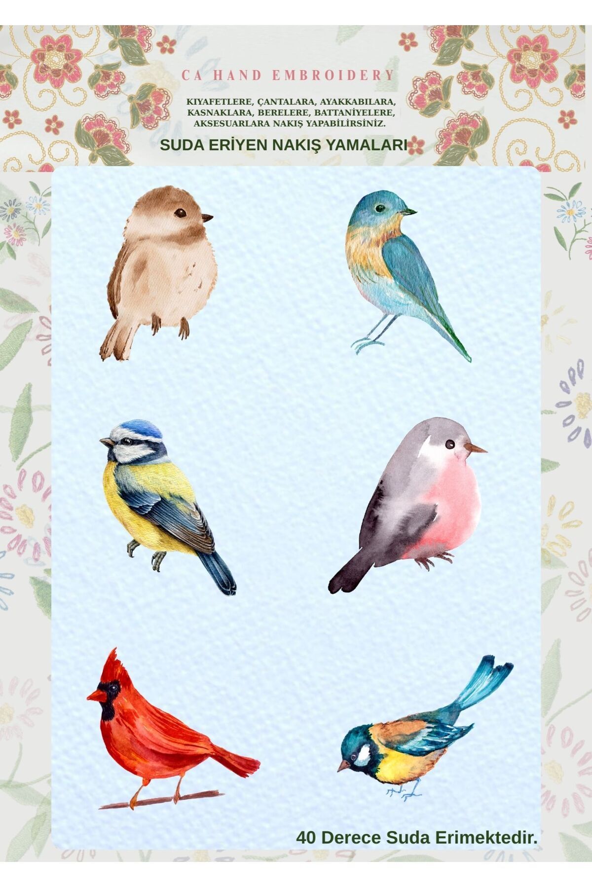 CA _hand_embroidery 6 Farklı Renkli Kuş Desenleri Suda Eriyen Sanatsal Transfer Kağıdı A4 Boyutunda Yazıcı Baskılı