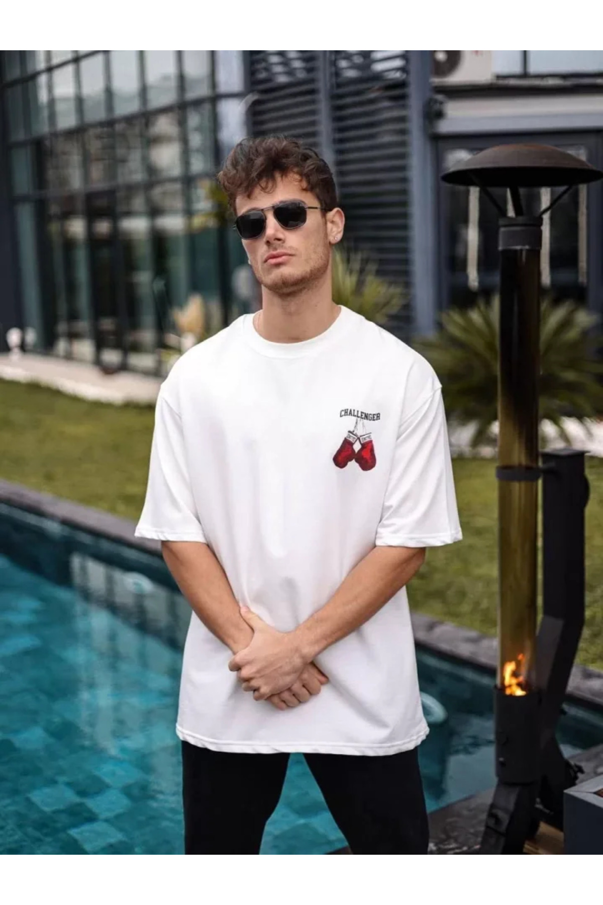 UP TREND COLLECTION Unisex Bisiklet Yaka Baskılı Oversize T-Shirt - Beyaz