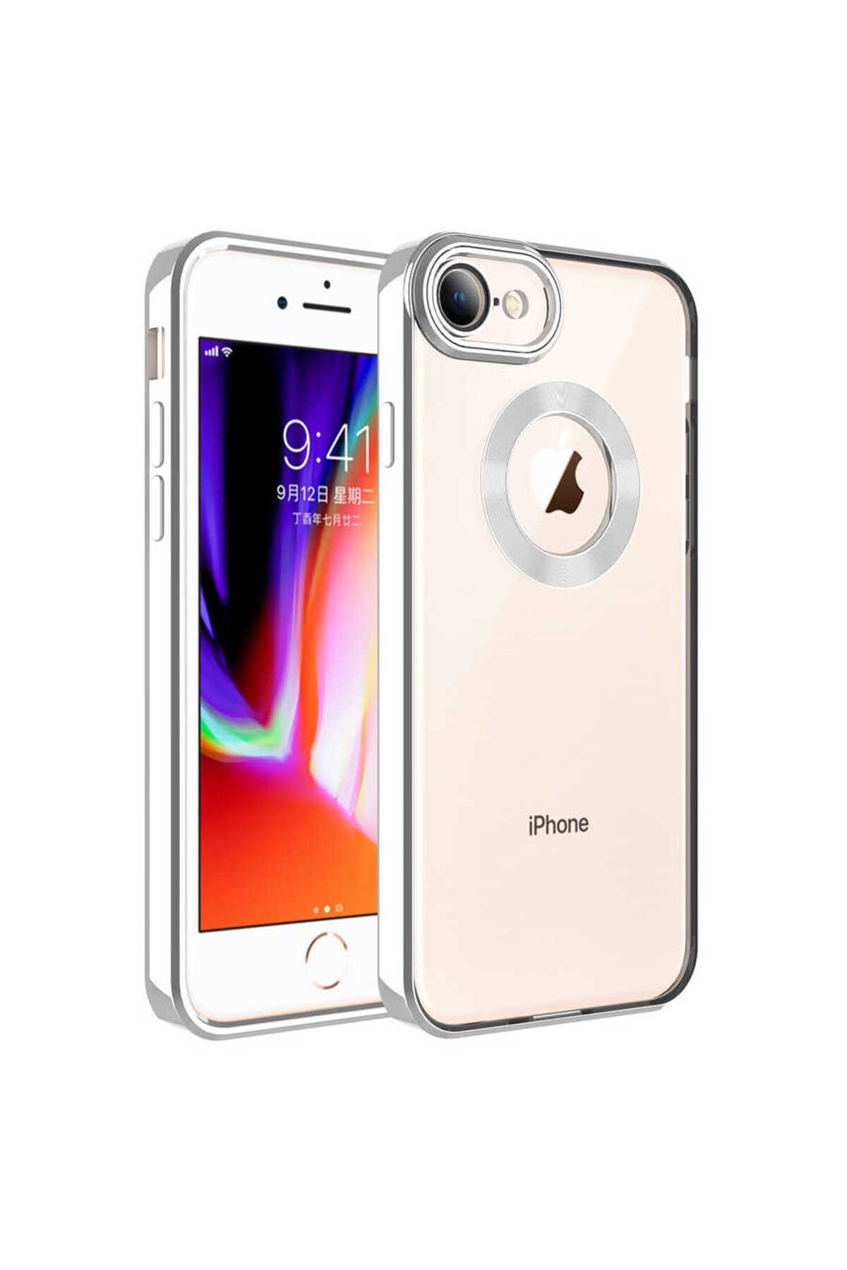 iPhone SE 2022 Kılıf Kamera Korumalı Logo Gösteren SAFA Omega Kapak - Gümüş