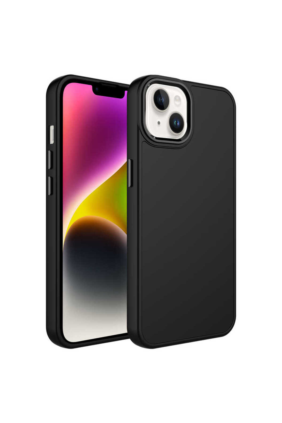 iPhone 14 Plus Uyumlu Metal Çerçeve ve Buton Tasarımlı Silikon SAFA Luna Kılıf-Siyah