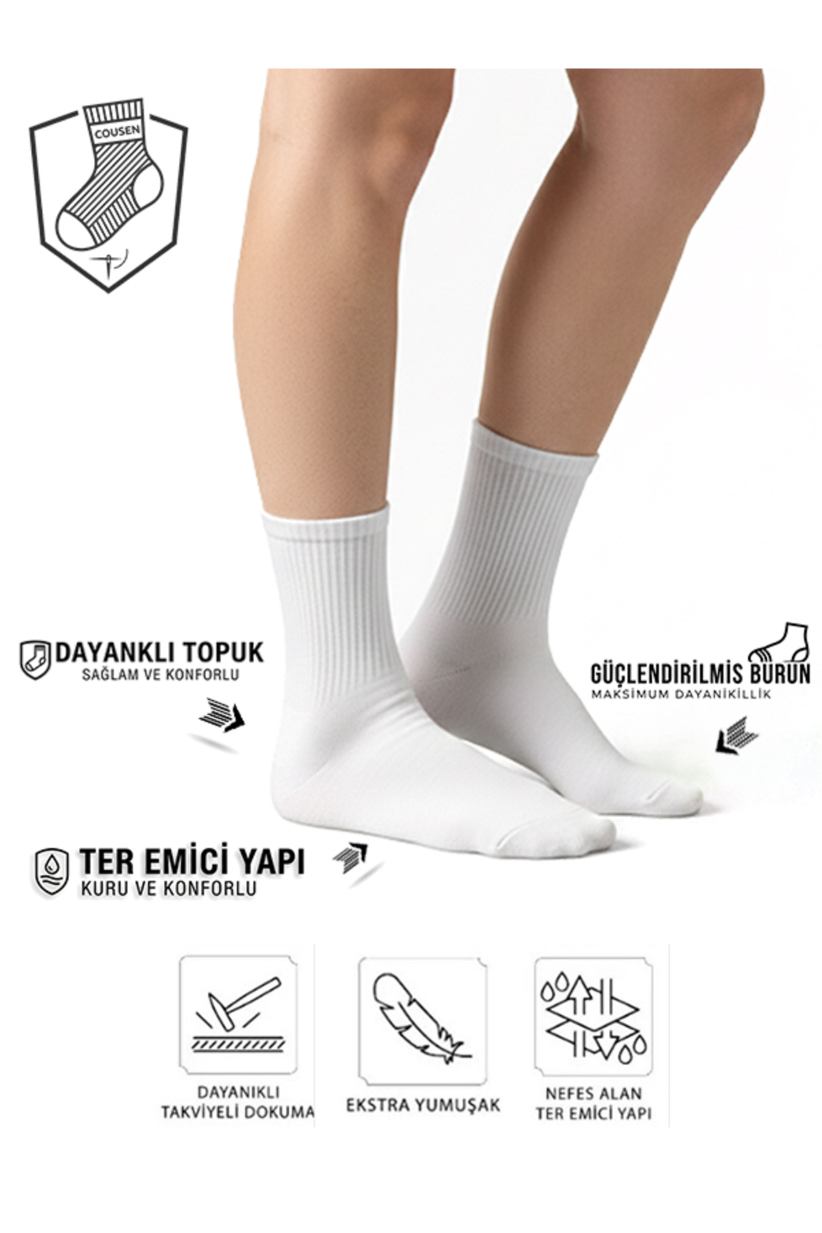 Cousen 4 Çift Pamuklu ÇORAP Tenis/Kolej GÜNLÜK SPOR UNİSEX TER EMİCİ görsel 3