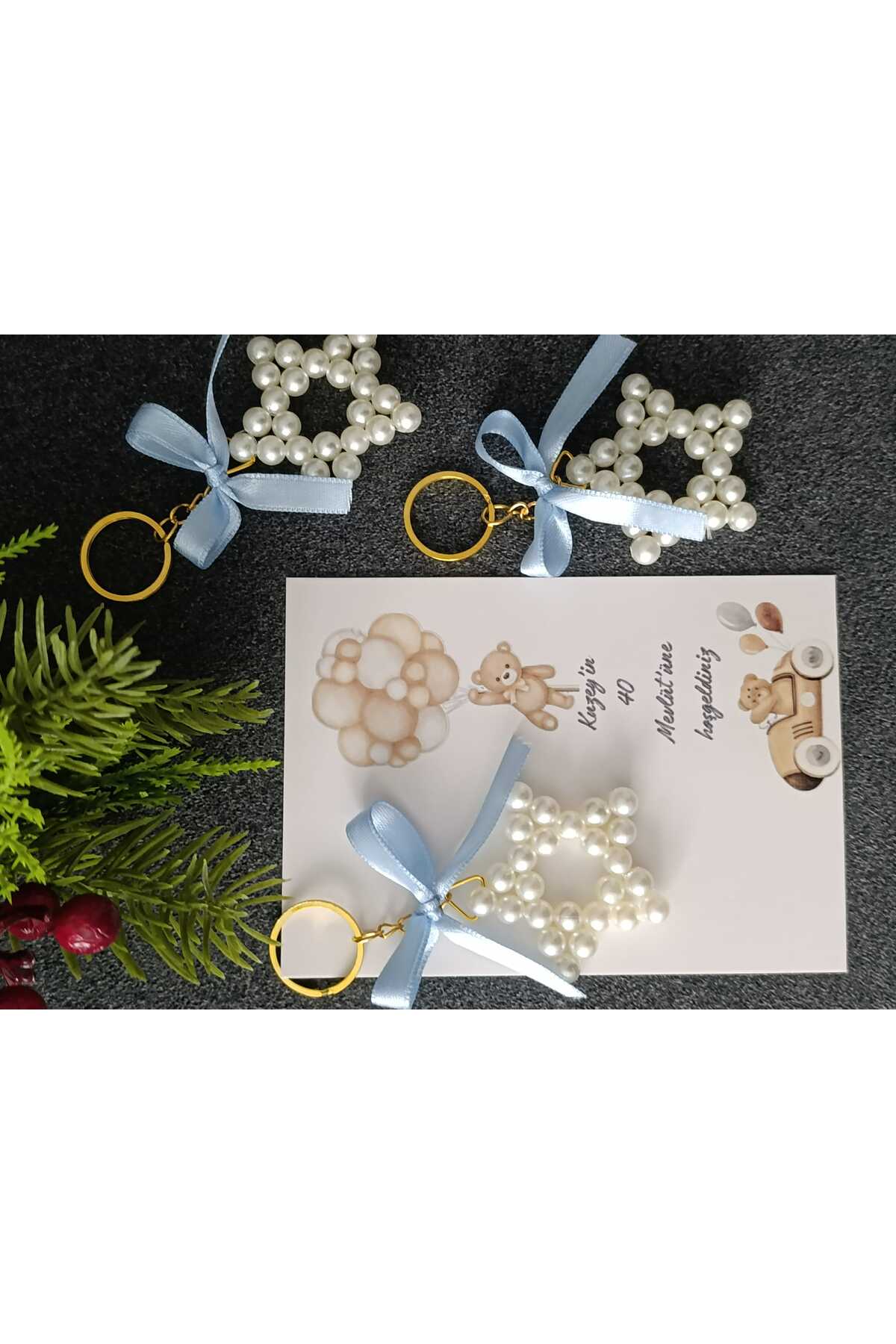 10x Pearl Star Blue Ribbon Keychain Promise Engagement Wedding Birthday Personalized Card Design