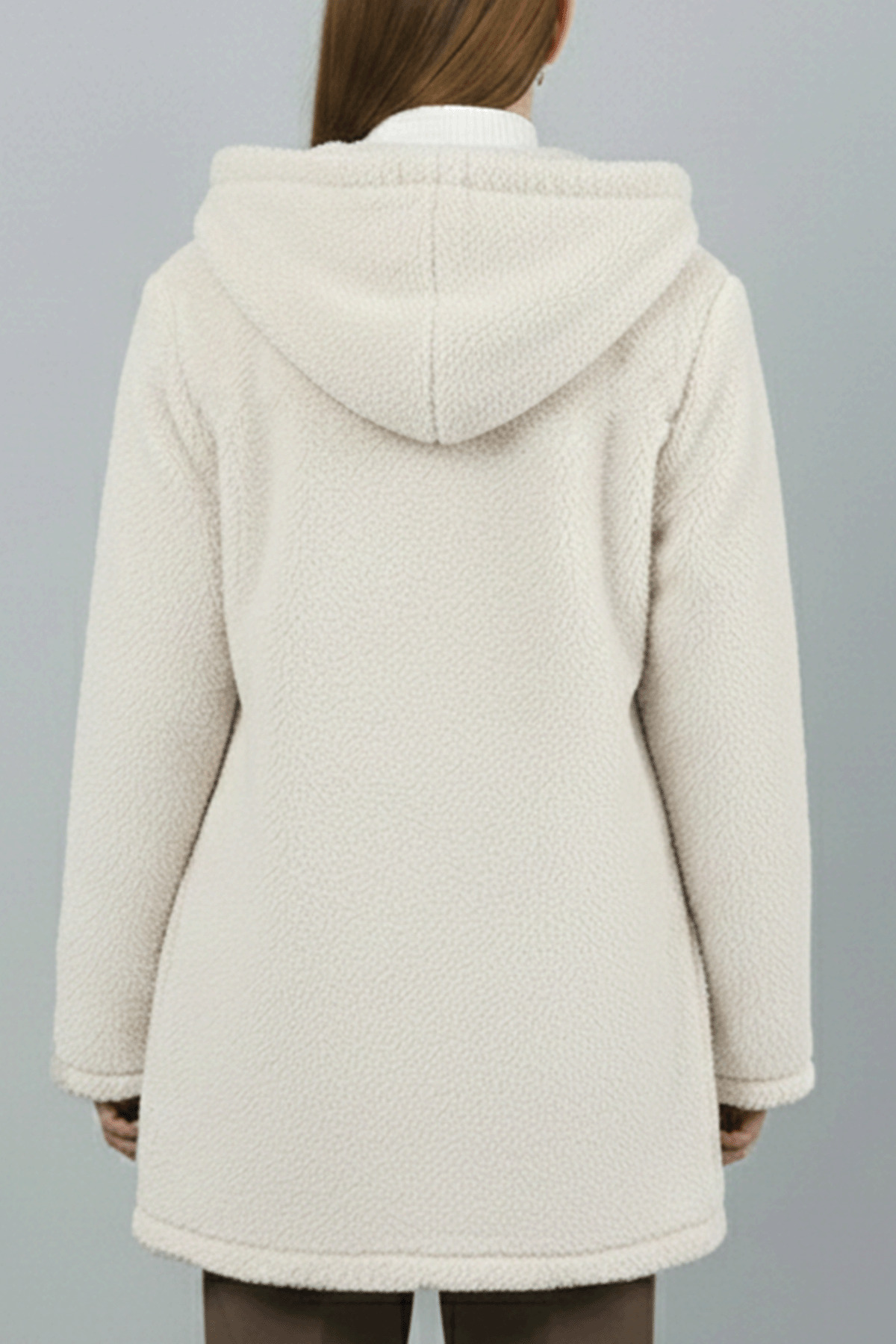 Betimoda  Kadın Fermuarlı Kapüşonlu Uzun Peluş Polar Hırka Ekru - Görsel 8