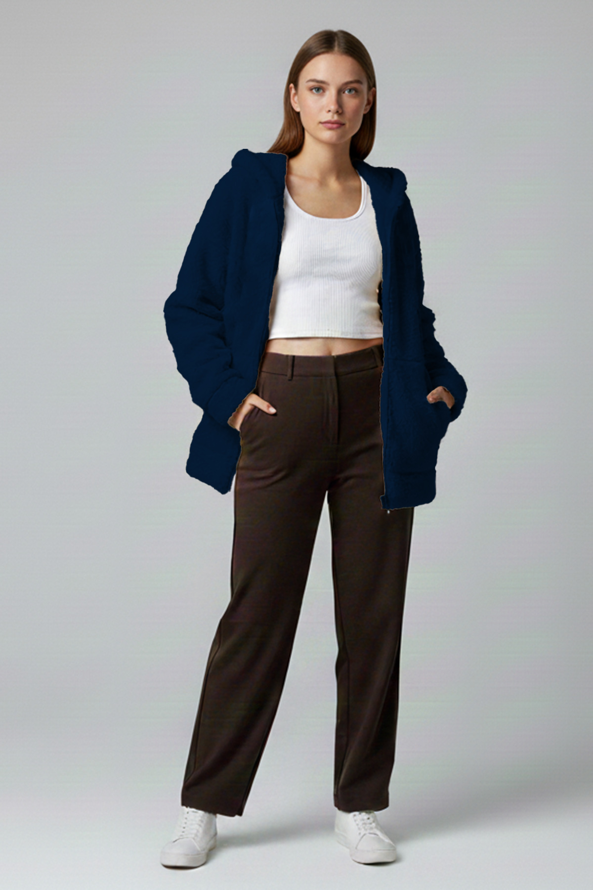 Betimoda  Kadın Fermuarlı Kapüşonlu Uzun Peluş Polar Hırka Lacivert - Görsel 2