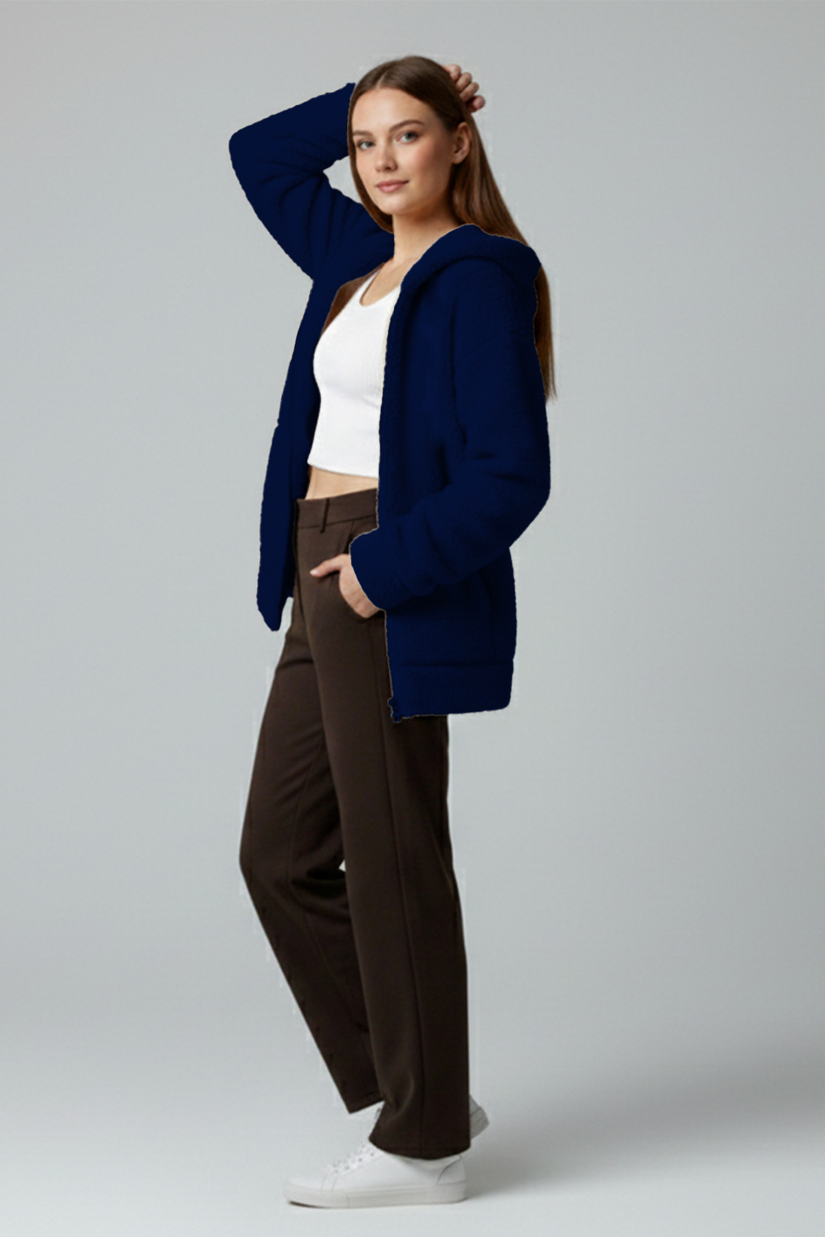 Betimoda  Kadın Fermuarlı Kapüşonlu Uzun Peluş Polar Hırka Lacivert - Görsel 3