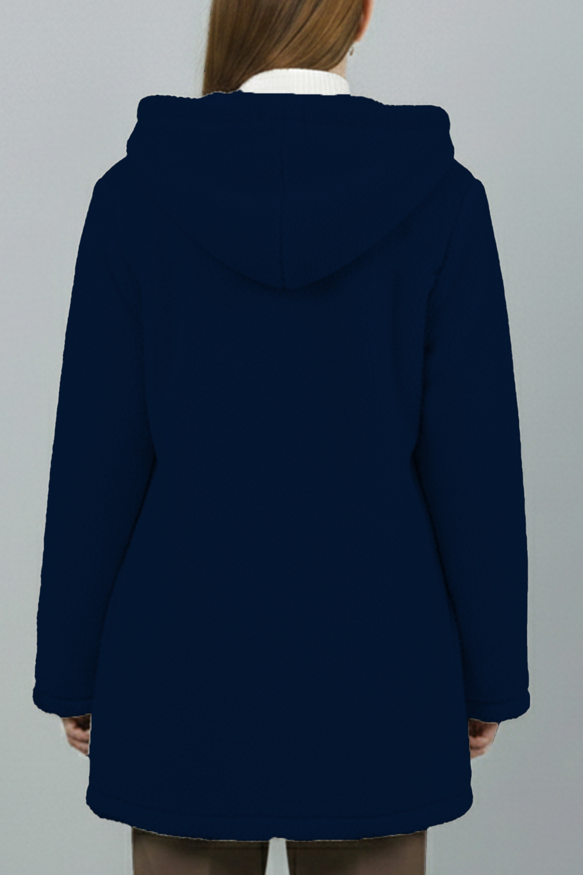 Betimoda  Kadın Fermuarlı Kapüşonlu Uzun Peluş Polar Hırka Lacivert - Görsel 7