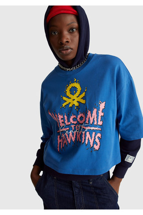 United Colors of Benetton Kadın Mavi %100 Pamuk Boxy Fit Crop Stranger Things...