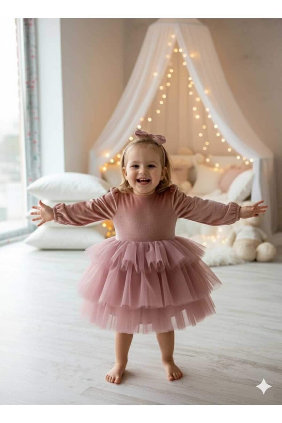 penu baby kids Gül Kurusu Uzun Kol Kat Etekli Kadife Kız Çocuk Bebek Elbise - Gloria fotoğrafı 5 (önizleme)