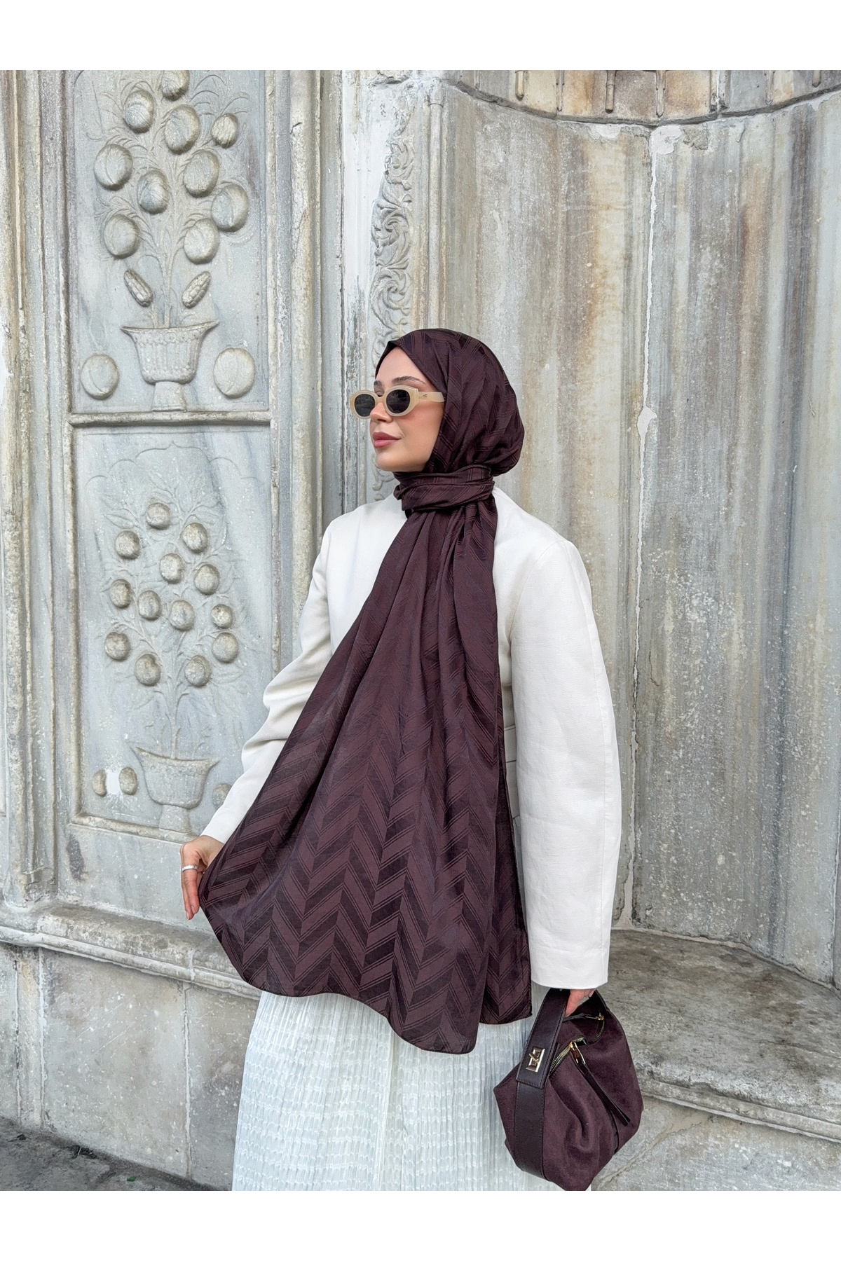 Mira İpek  Balık Sırtı Desen Pamuklu Ayrobin Jakar Şal - Görsel 3