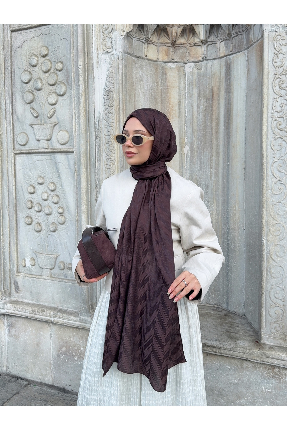 Mira İpek  Balık Sırtı Desen Pamuklu Ayrobin Jakar Şal - Görsel 7