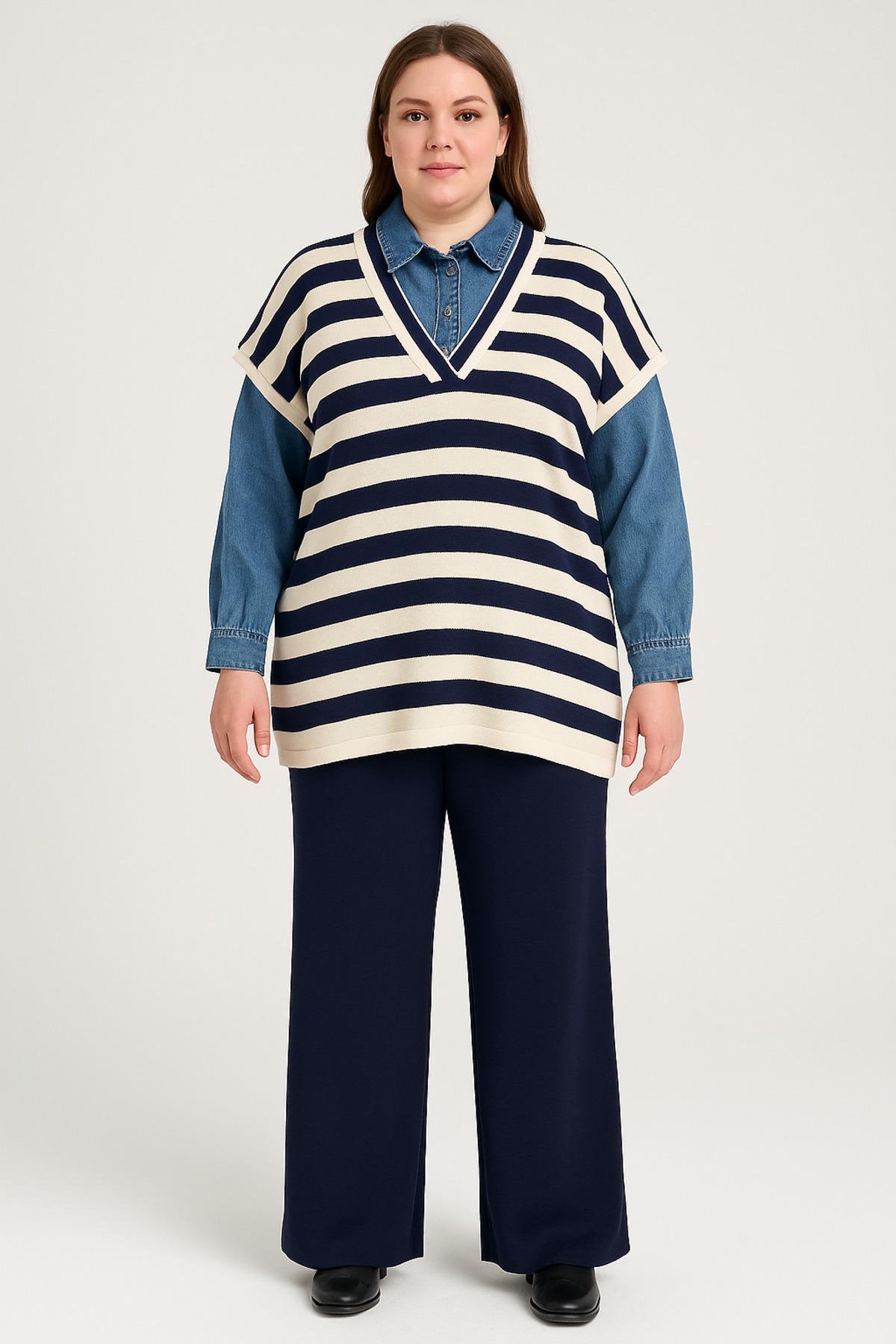 bezeXL Büyük Beden Kol Yaka Kot Lacivert İkili Triko Takım