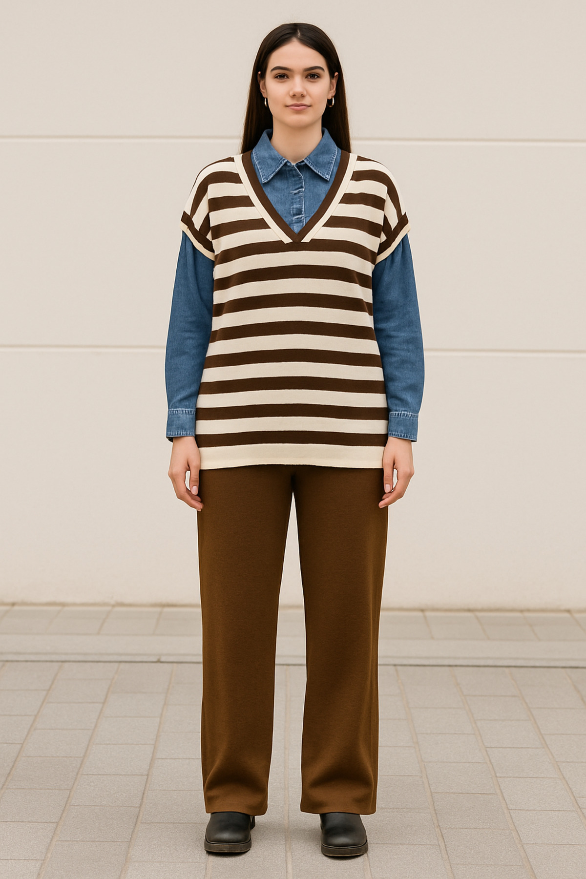 bezeXL Büyük Beden Kol Yaka Kot Kahverengi İkili Triko Takım