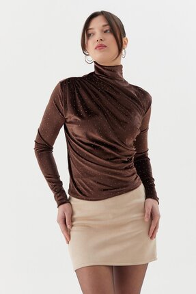 Shopping Shop Drape Yaka Taşlı Kadife Bluz KAHVE