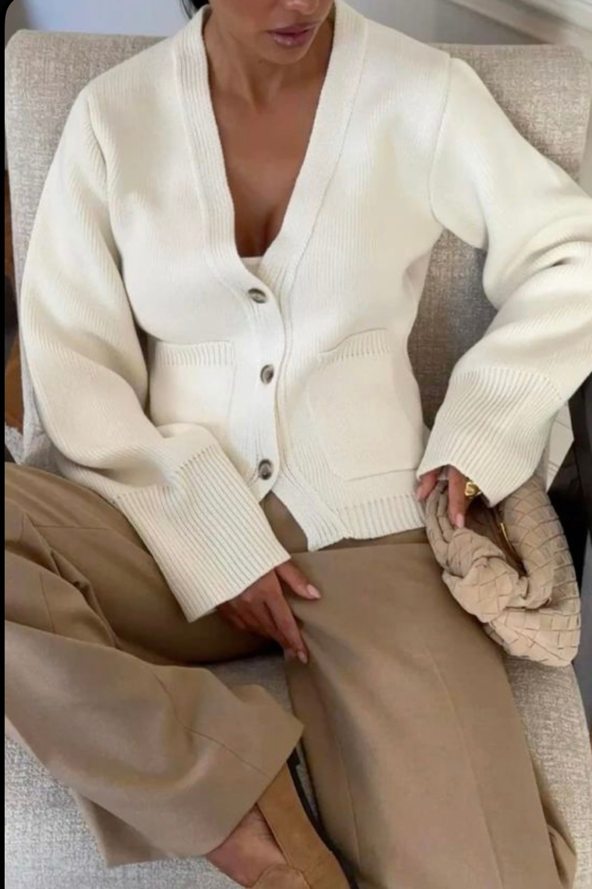 Ritnice Kadın Alexa Tok Dokulu Ekru Cepli Hırka