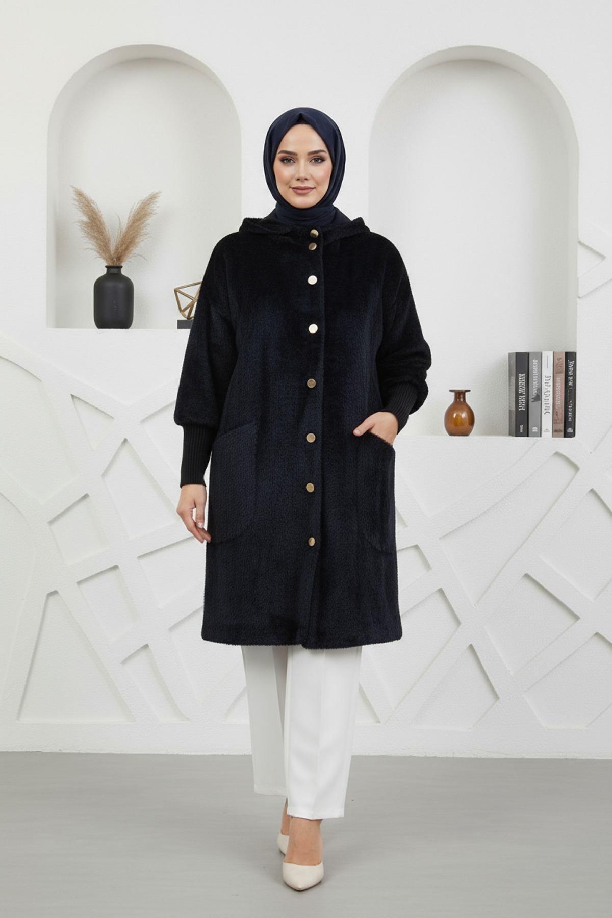 Modatuğsem Kapşonlu Angora Kumaş Kaban Siyah