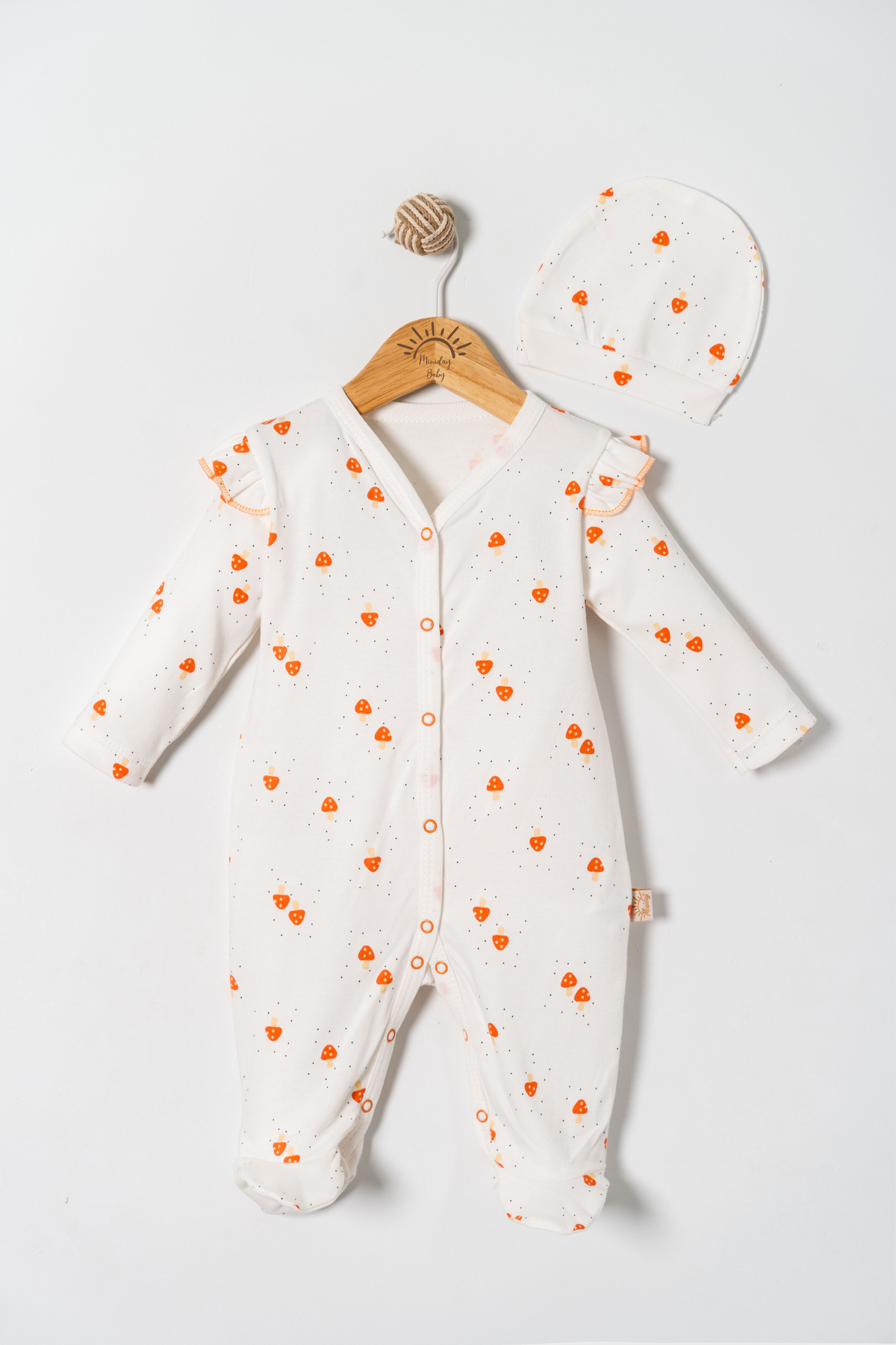 Miniday Baby Kız Bebek Baskılı Tulum Şapkalı Mantar Yeni doğan Pamuklu Hastane çıkışı Uyku Tulumu Çıtçıtlı fotoğrafı 2 (önizleme)