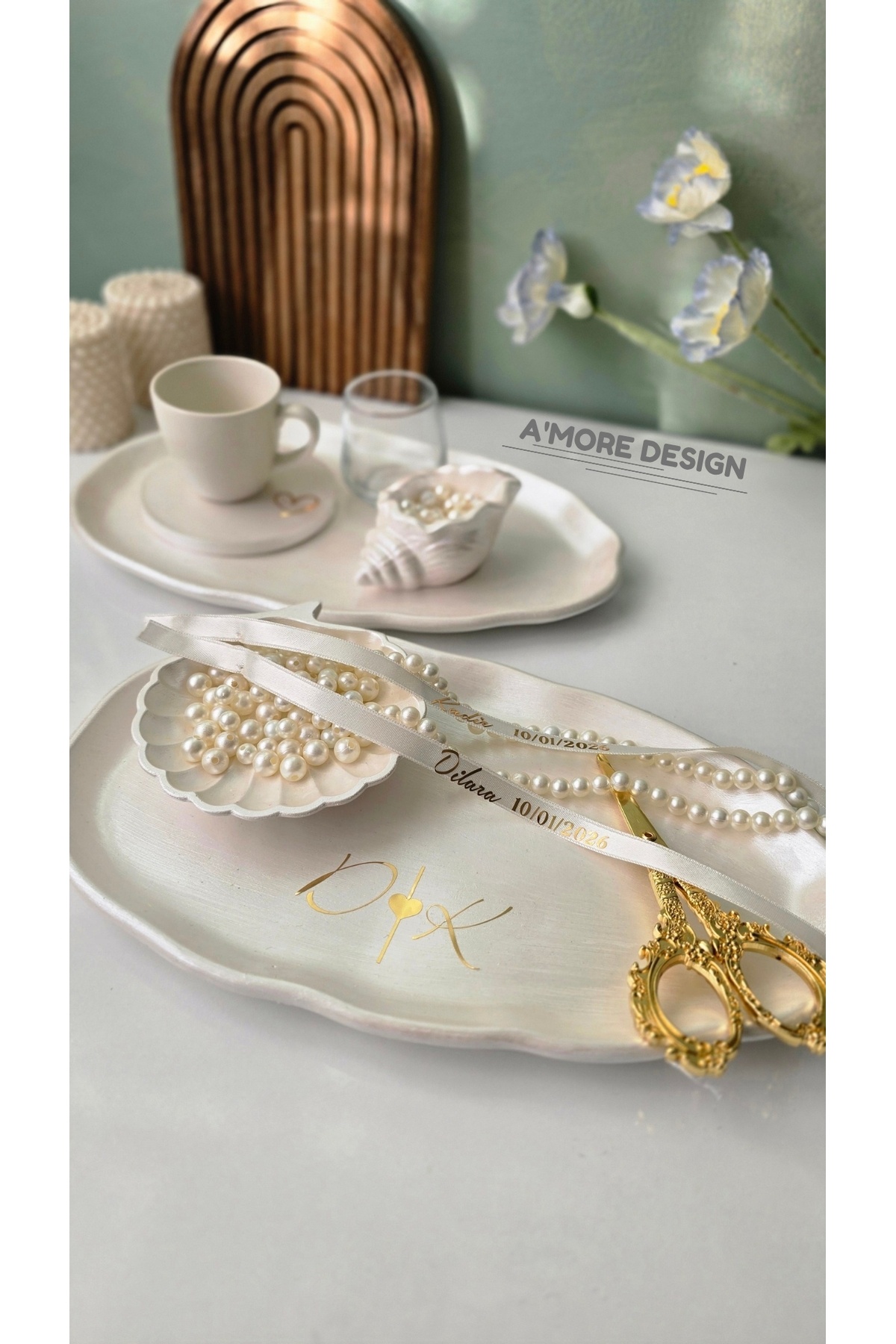 AmoreDesign Nişan Tepsisi, Söz Tepsisi, Yüzük Tepsisi, Damat Tepsisi Beton Sedefli Nişan Tepsi Seti | Gold