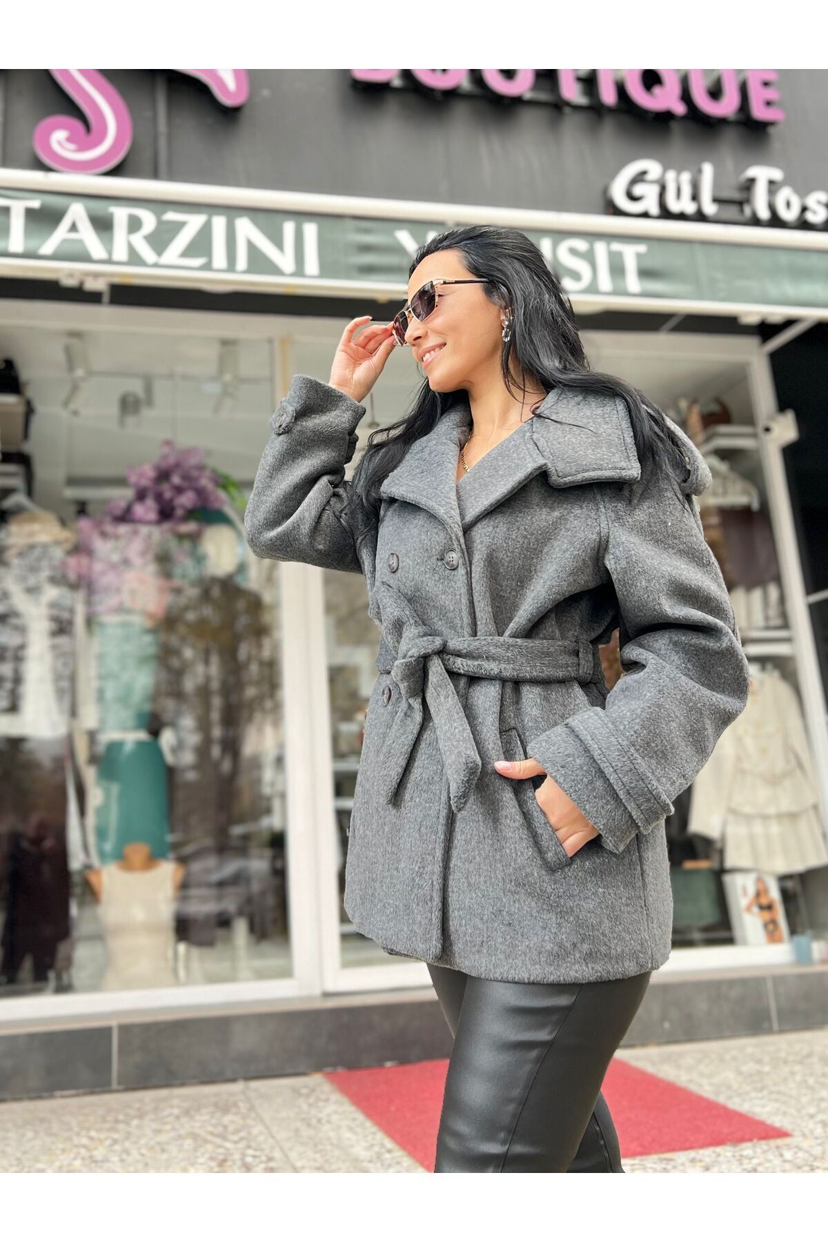 Antrasit Kruvaze Yaka Kuşaklı Kaban