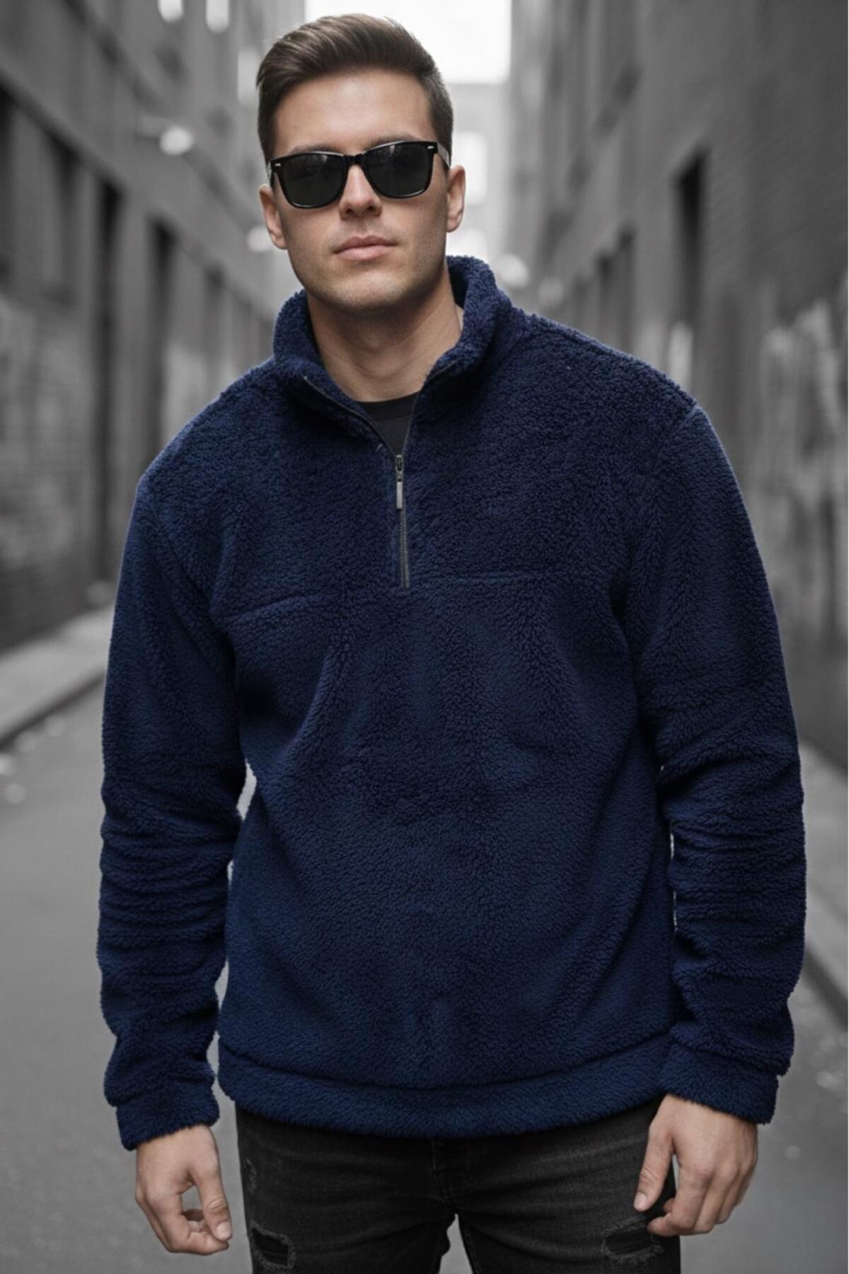 Oksit سویشرت مردانه ضخیم پشمی Jayy Slim Fit Plush Half-Full Zip یقه ایستاده — مشکی hilti948052es