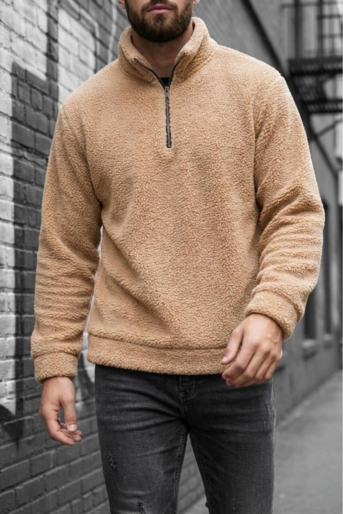 Oksit Jaky Slim Fit Peluş Yarım Tam Fermuarlı Dik Yaka Kalın Erkek Sweatshirt Polar — مشکی hilti948052es