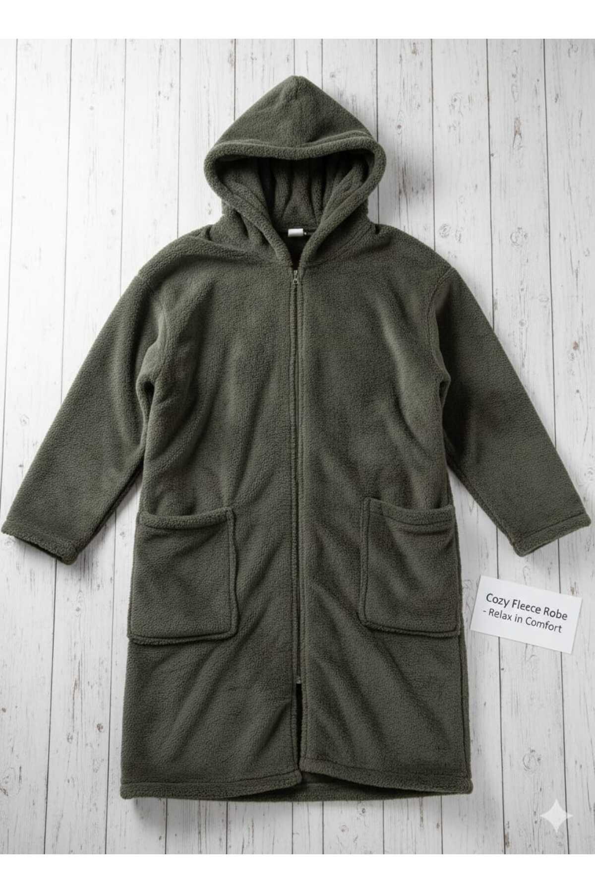 MOONSAND Wellsoft Fermuarlı Kapüşonlu Uzun Polar Hırka Unisex Oversize ( Ev Ve Dış Giyime Uygundur ) — خاکی 25