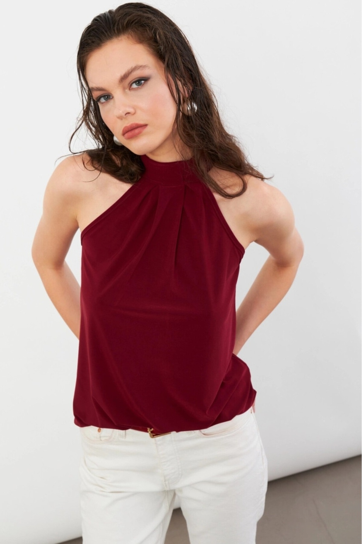 Be Best  Kadın Bordo Halter Ön Arka Yaka Bluz BE252 - Görsel 3