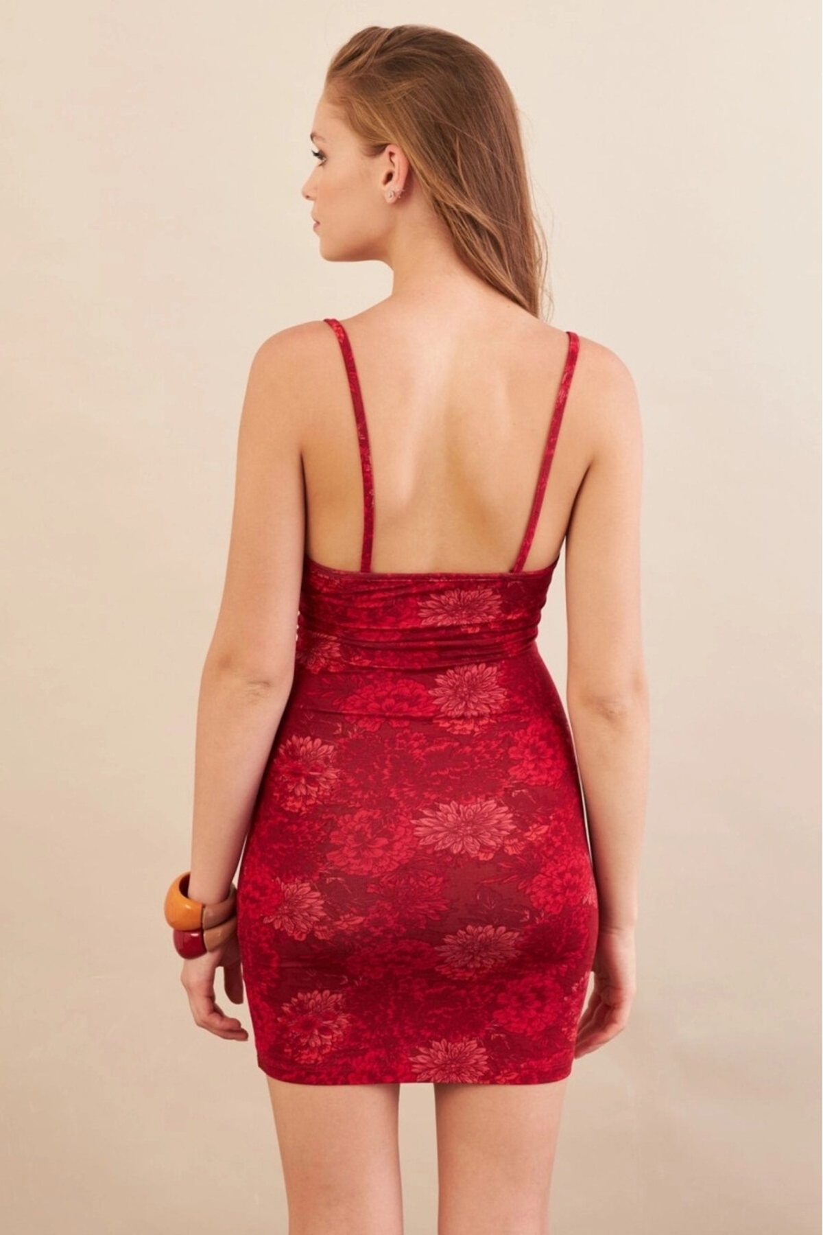 Be Best  Kadın Kırmızı Askılı Çiçekli Mini Elbise BE256 - Görsel 3