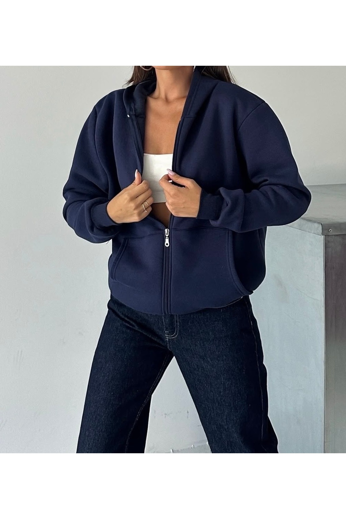 Wyv Kadın 3 İplik kompak penye pomuk unisex Oversize Fermuarlı Kapüşonlu Cepli hırka Sweatshirt Hoodie görsel 2