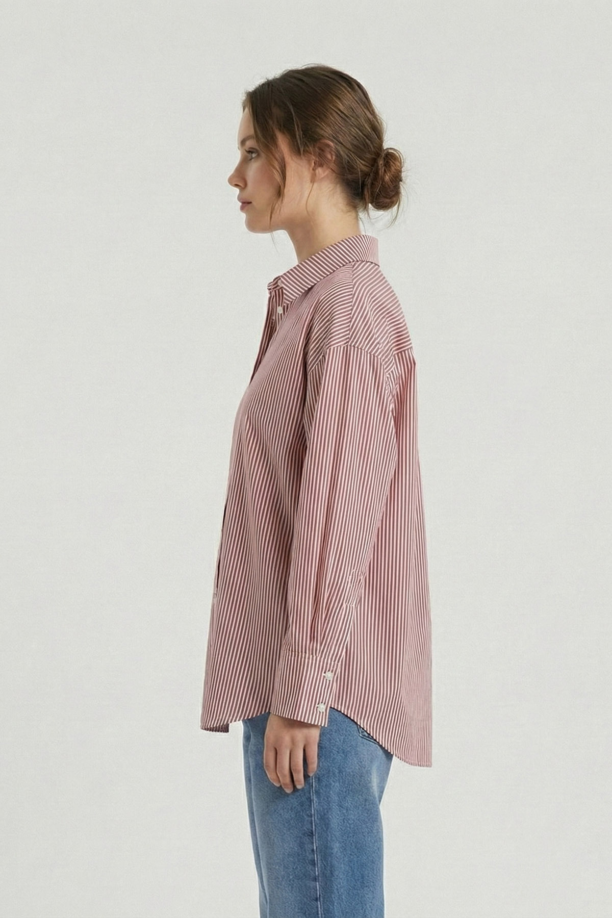 SEVİLEN  Gold CVC Dokulu "No-Iron Effect" Oversize Çizgili Gömlek - Görsel 3